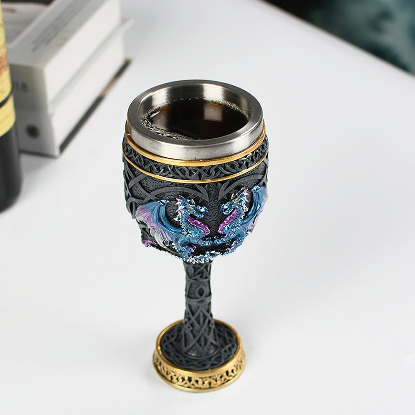 Bronze Dragon Goblet with Stainless Steel Cup, Dragon Wine Medieval Dungeons and Dragons Chalice, Dragon Gift Collectible - 7oz (Blue Dragon Cup)
