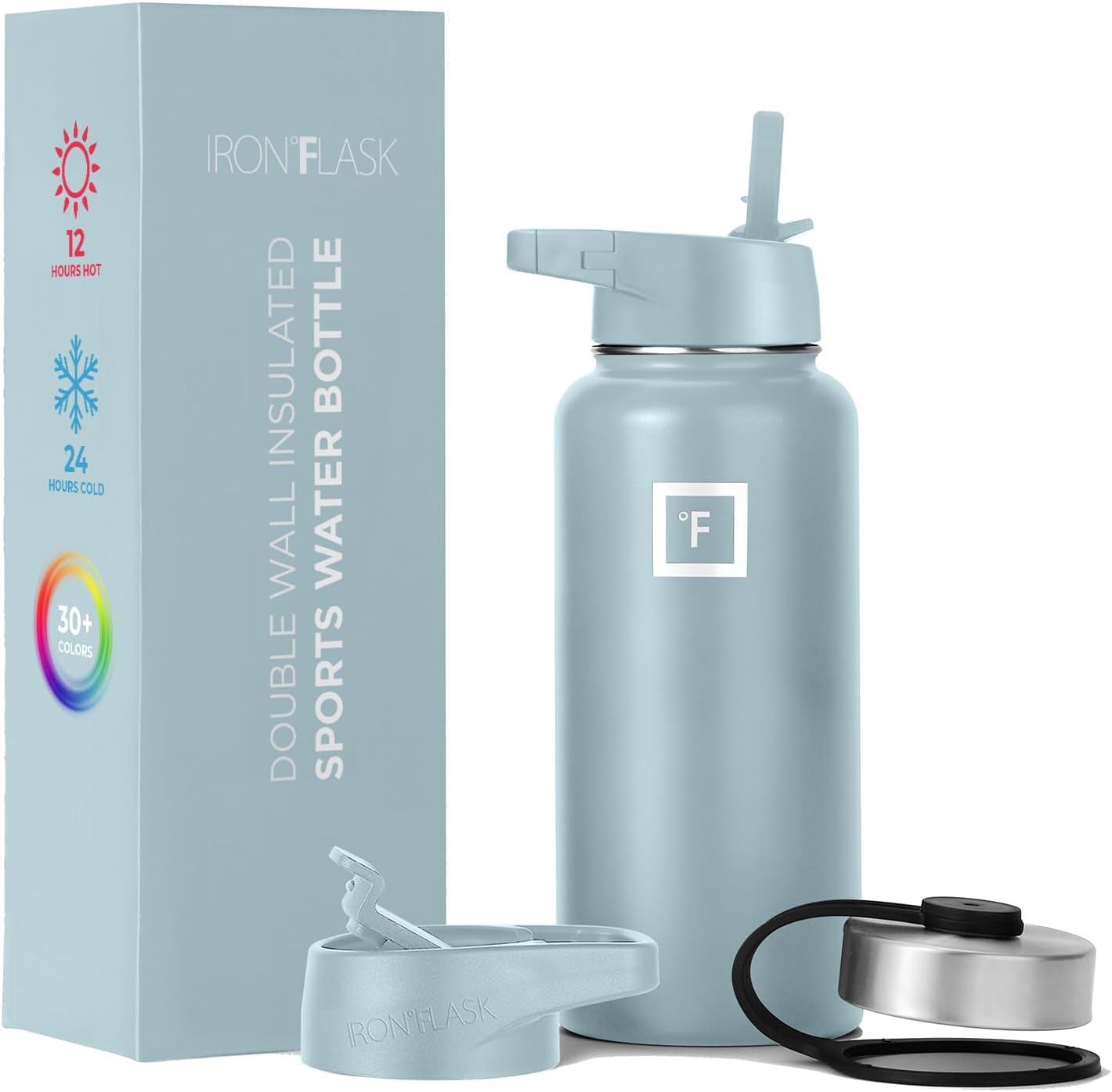 IRON °FLASK Camping & Hiking Hydration Flask with 3 Lids - Stainless Steel, Double Walled & Vacuum Insulated Water Bottle - Leak Proof & BPA Free 32 Oz