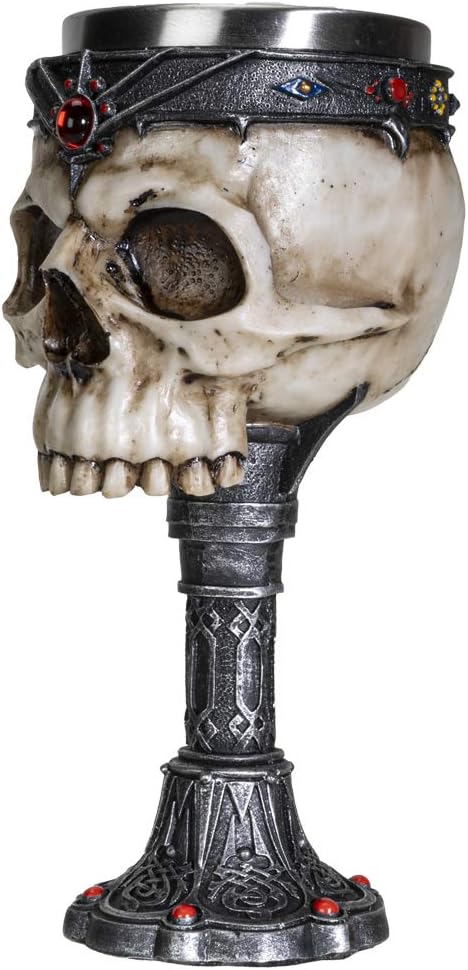 SUMMIT COLLECTION Crowned Gothic Ossuary Skull Wine Goblet Removable Stainless Steel Insert Stemware Sacrificial Ceremonial Skull Wine Chalice Goblet 7 Fl Oz Drinkware Halloween Decor