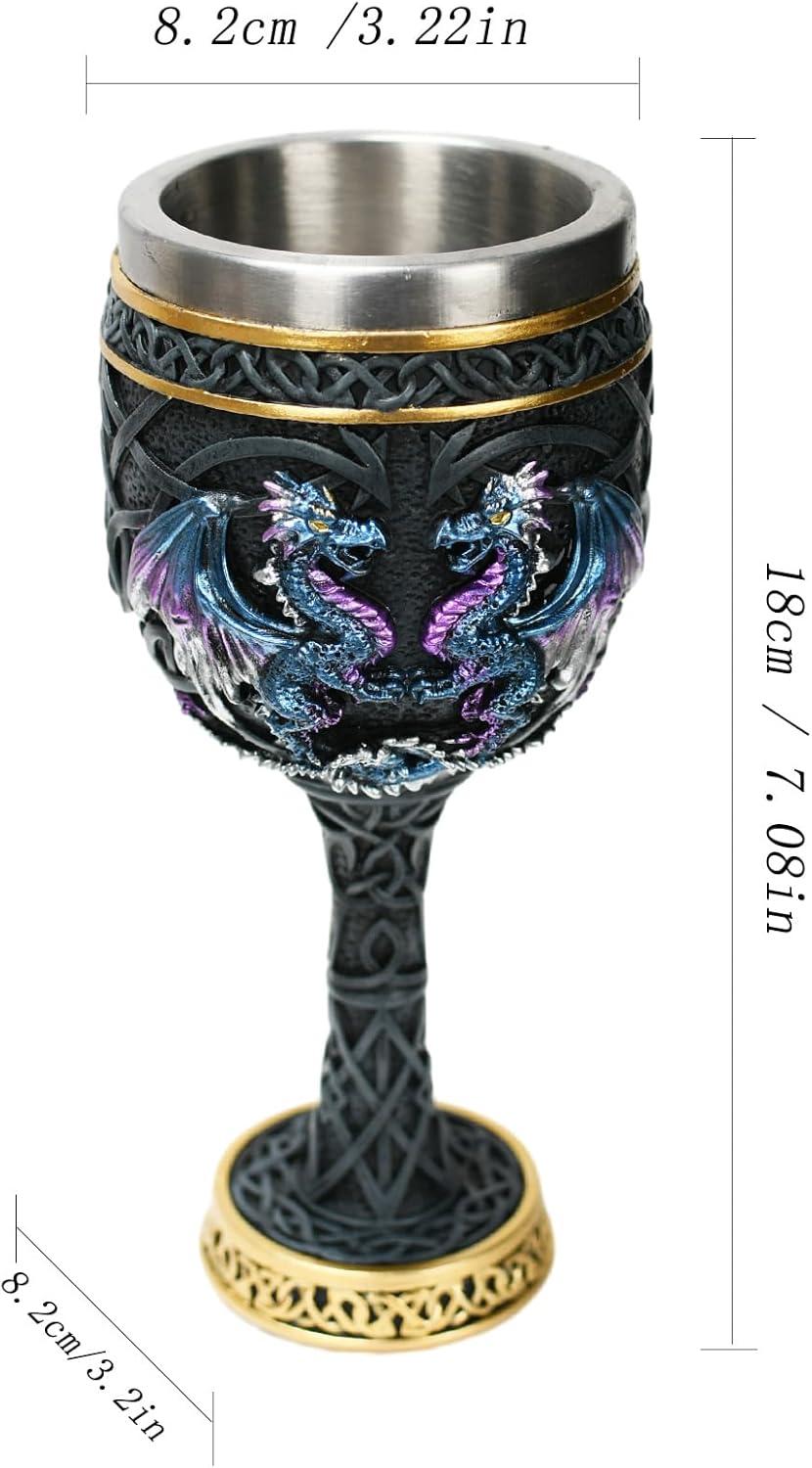 Bronze Dragon Goblet with Stainless Steel Cup, Dragon Wine Medieval Dungeons and Dragons Chalice, Dragon Gift Collectible - 7oz (Blue Dragon Cup)