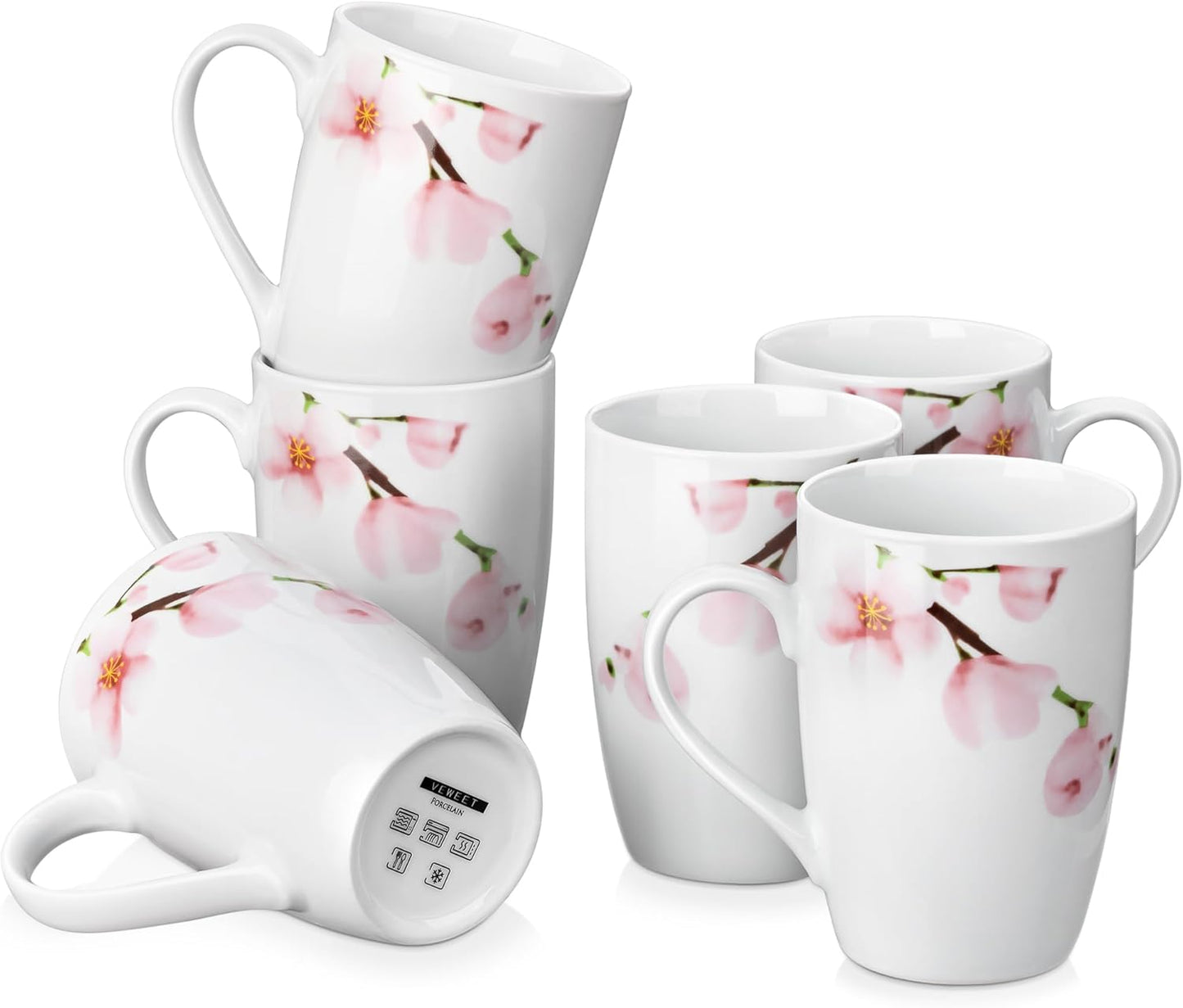 VEWEET Coffee Mugs Set of 6, 16 OZ Large Coffee Cups Set, White Mug Sets Ceramic Mugs Set with Big Handle, Microwave Dishwasher Safe, Series Fiona
