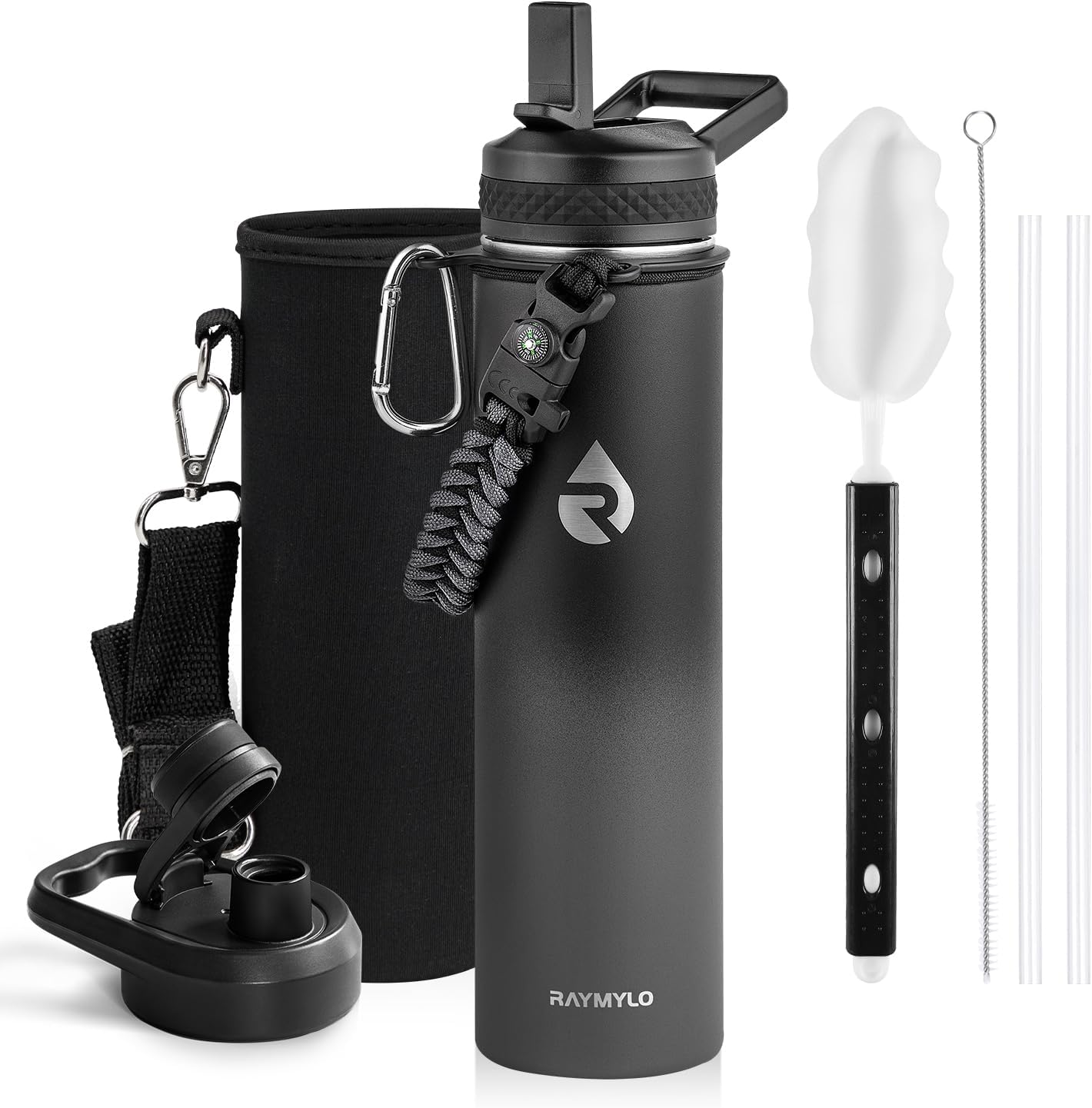 Insulated Water Bottle 40 oz, Triple Wall Vacuum Stainless Steel (Cold for 48 Hrs), Leak Proof & Non-BPA, Modern Water Flask Jug with Paracord Handle & Straw Spout Lids, Indigo/Black