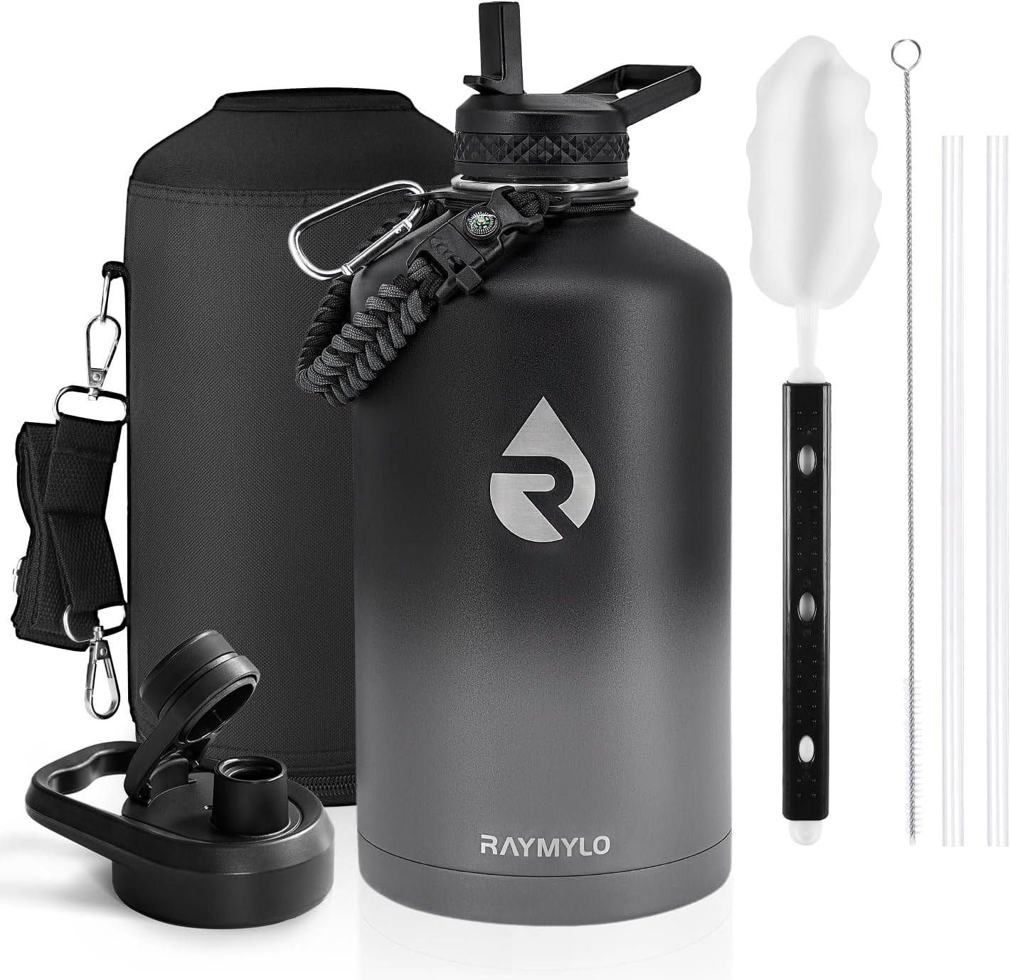 Insulated Water Bottle 40 oz, Triple Wall Vacuum Stainless Steel (Cold for 48 Hrs), Leak Proof & Non-BPA, Modern Water Flask Jug with Paracord Handle & Straw Spout Lids, Indigo/Black