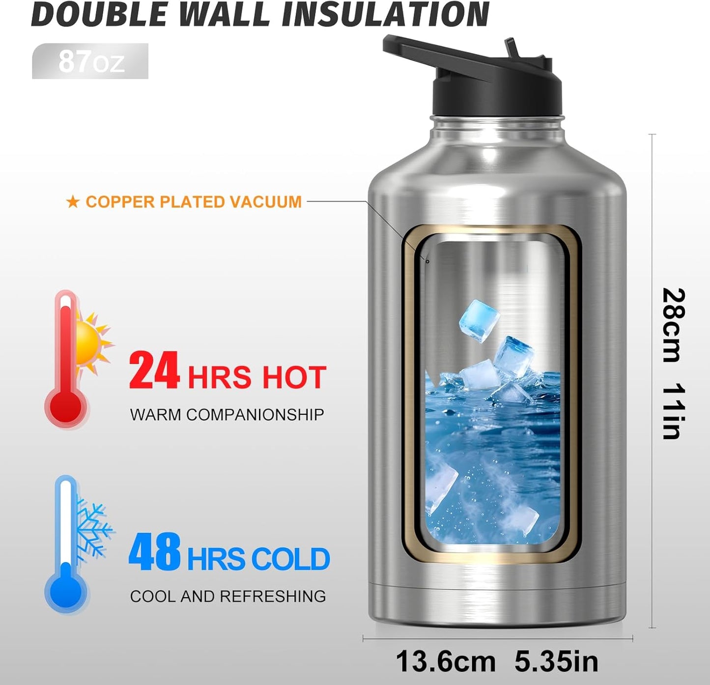87oz Insulated Water Bottle (Cold for 48 Hrs),BPA Free&Leak Proof,1.5 Gallon Stainless Steel Water Flask,Water Jug with Straw Spout Lids for Gym,Hiking,Camping,Stainless