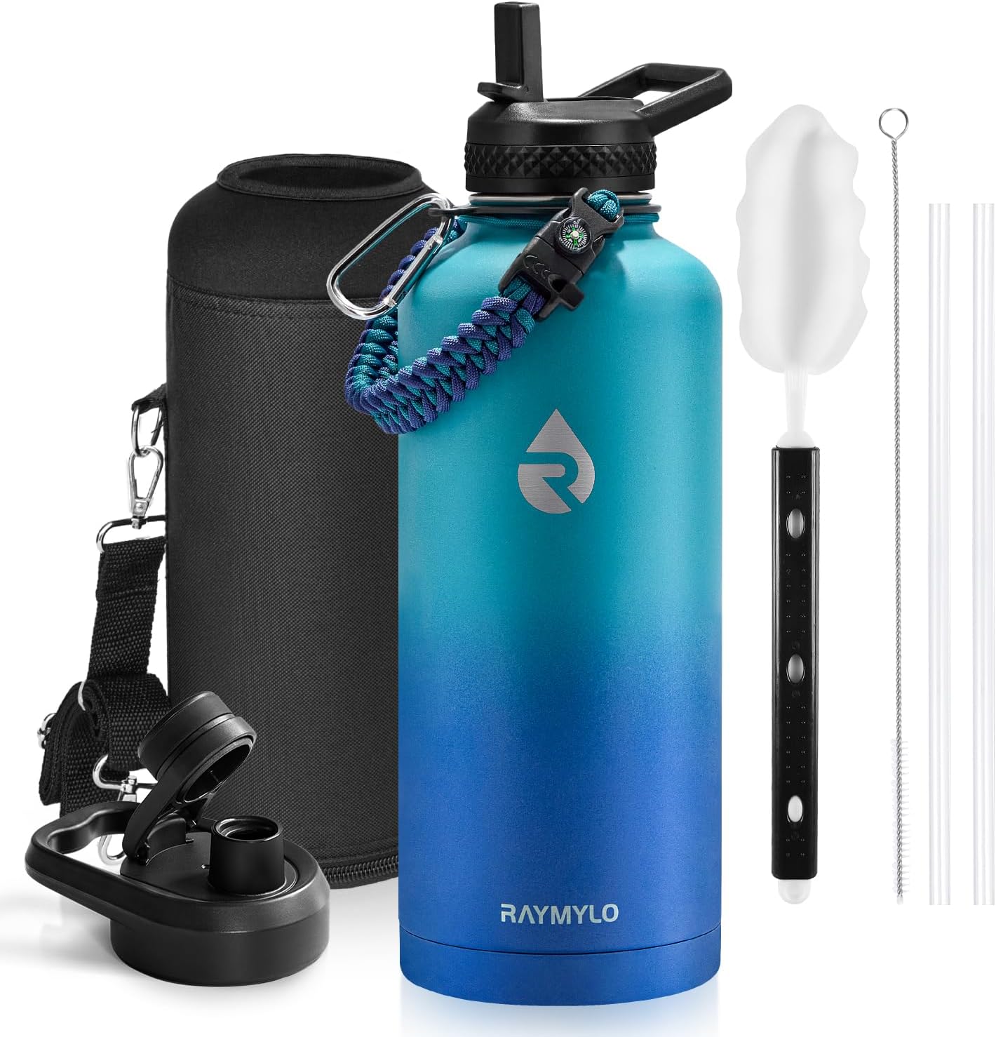 Insulated Water Bottle 40 oz, Triple Wall Vacuum Stainless Steel (Cold for 48 Hrs), Leak Proof & Non-BPA, Modern Water Flask Jug with Paracord Handle & Straw Spout Lids, Indigo/Black