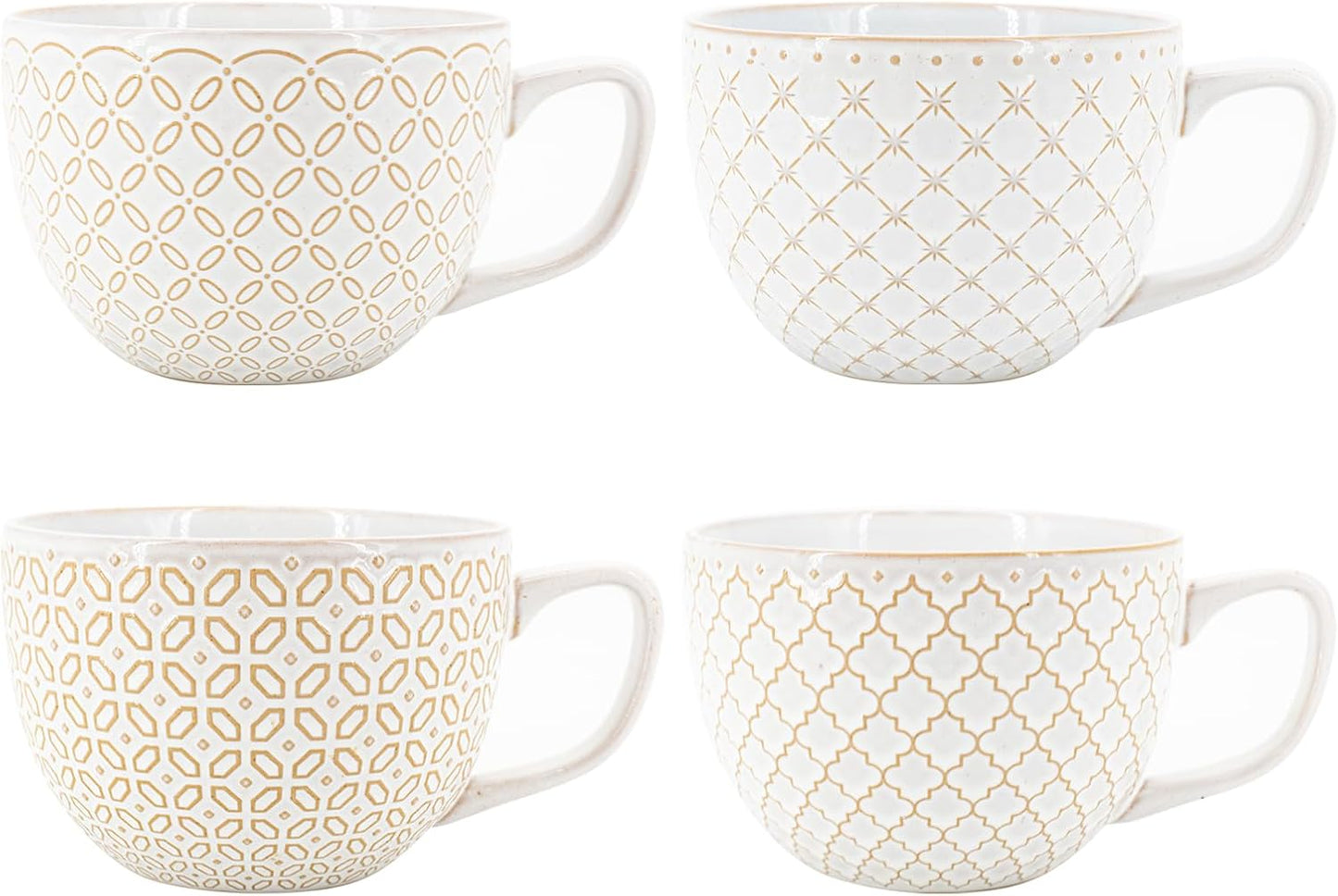 DOWAN 24oz Coffee Mug Set of 4, Large Soup Mugs, Vintage Embossed Mugs with Handle for Enjoying Coffee, Soup, Ramen, and Cereal at Home or in the Office