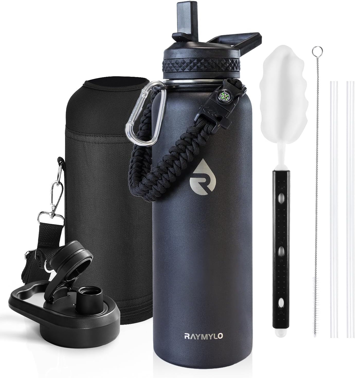 Insulated Water Bottle 40 oz, Triple Wall Vacuum Stainless Steel (Cold for 48 Hrs), Leak Proof & Non-BPA, Modern Water Flask Jug with Paracord Handle & Straw Spout Lids, Indigo/Black