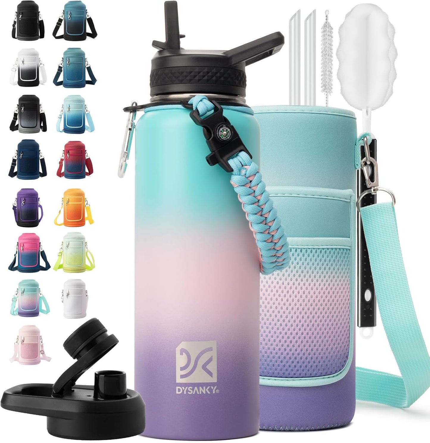Insulated Water Bottle | Thickened Stainless Steel Vacuum Metal | Portable Sports Half Gallon Large Water Jug for Gym and Hiking with Straw, Carrier Bag, Handle Strap | BPA-Free 64 oz