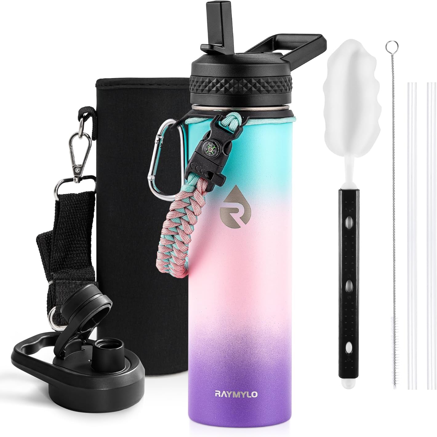 Insulated Water Bottle 40 oz, Triple Wall Vacuum Stainless Steel (Cold for 48 Hrs), Leak Proof & Non-BPA, Modern Water Flask Jug with Paracord Handle & Straw Spout Lids, Indigo/Black