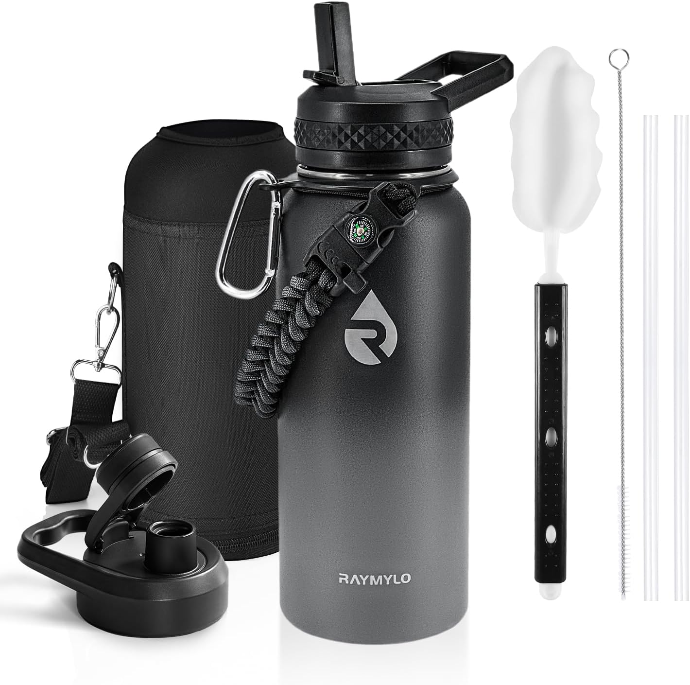 Insulated Water Bottle 40 oz, Triple Wall Vacuum Stainless Steel (Cold for 48 Hrs), Leak Proof & Non-BPA, Modern Water Flask Jug with Paracord Handle & Straw Spout Lids, Indigo/Black