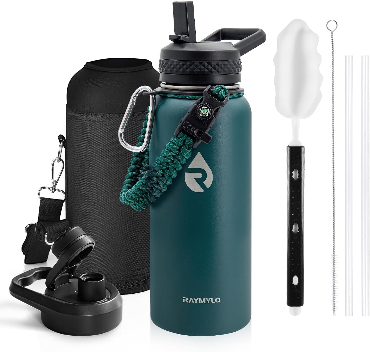 Insulated Water Bottle 40 oz, Triple Wall Vacuum Stainless Steel (Cold for 48 Hrs), Leak Proof & Non-BPA, Modern Water Flask Jug with Paracord Handle & Straw Spout Lids, Indigo/Black