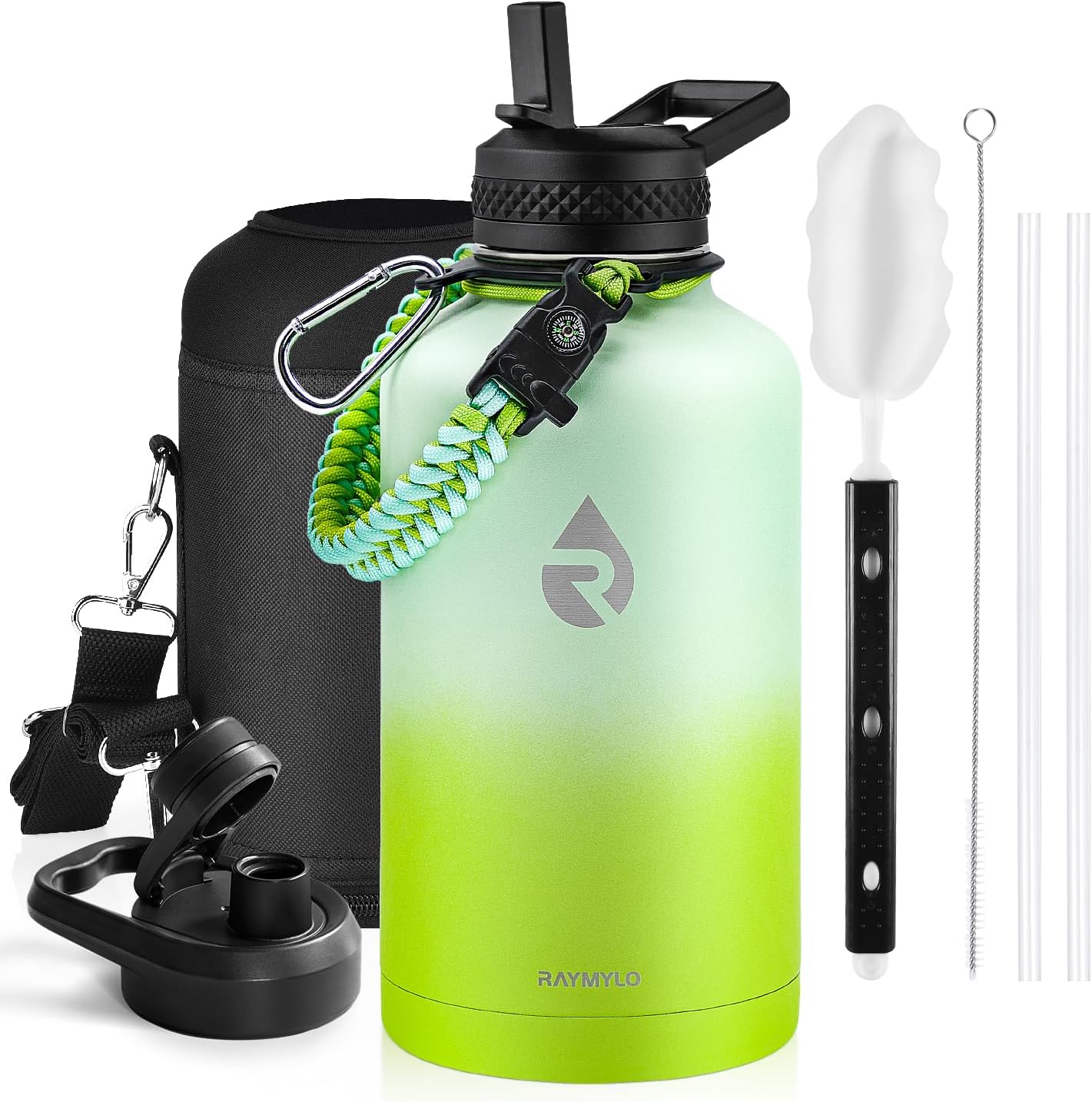 Insulated Water Bottle 40 oz, Triple Wall Vacuum Stainless Steel (Cold for 48 Hrs), Leak Proof & Non-BPA, Modern Water Flask Jug with Paracord Handle & Straw Spout Lids, Indigo/Black