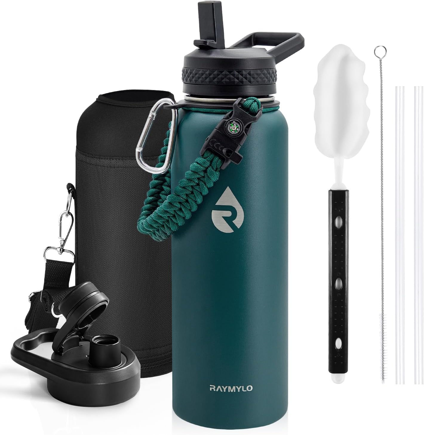 Insulated Water Bottle 40 oz, Triple Wall Vacuum Stainless Steel (Cold for 48 Hrs), Leak Proof & Non-BPA, Modern Water Flask Jug with Paracord Handle & Straw Spout Lids, Indigo/Black