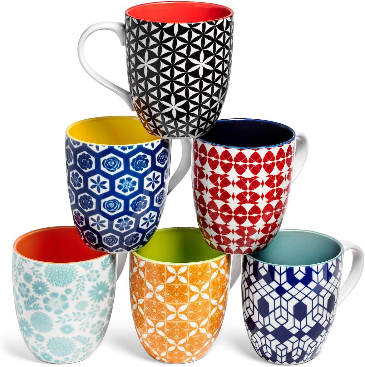 Annovero Large Coffee Mug Set of 6 - Porcelain Cups for Women or Men - Microwave & Dishwasher Safe, Chip Resistant, Zero Lead & Cadmium, for Tea, Cocoa, or Hot Chocolate, 16 Fluid Ounce Capacity