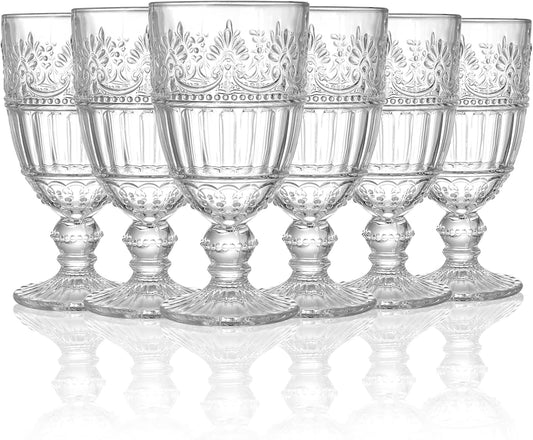 AVLA 6 Pack Glass Goblet, 12 OZ Vintage Wine Glassware, Romantic Wedding Glass Set, Drinking Stemware Beverage Cups for Party, Bar, Champagne, Juice, Beer, Cocktail, Embossed Design