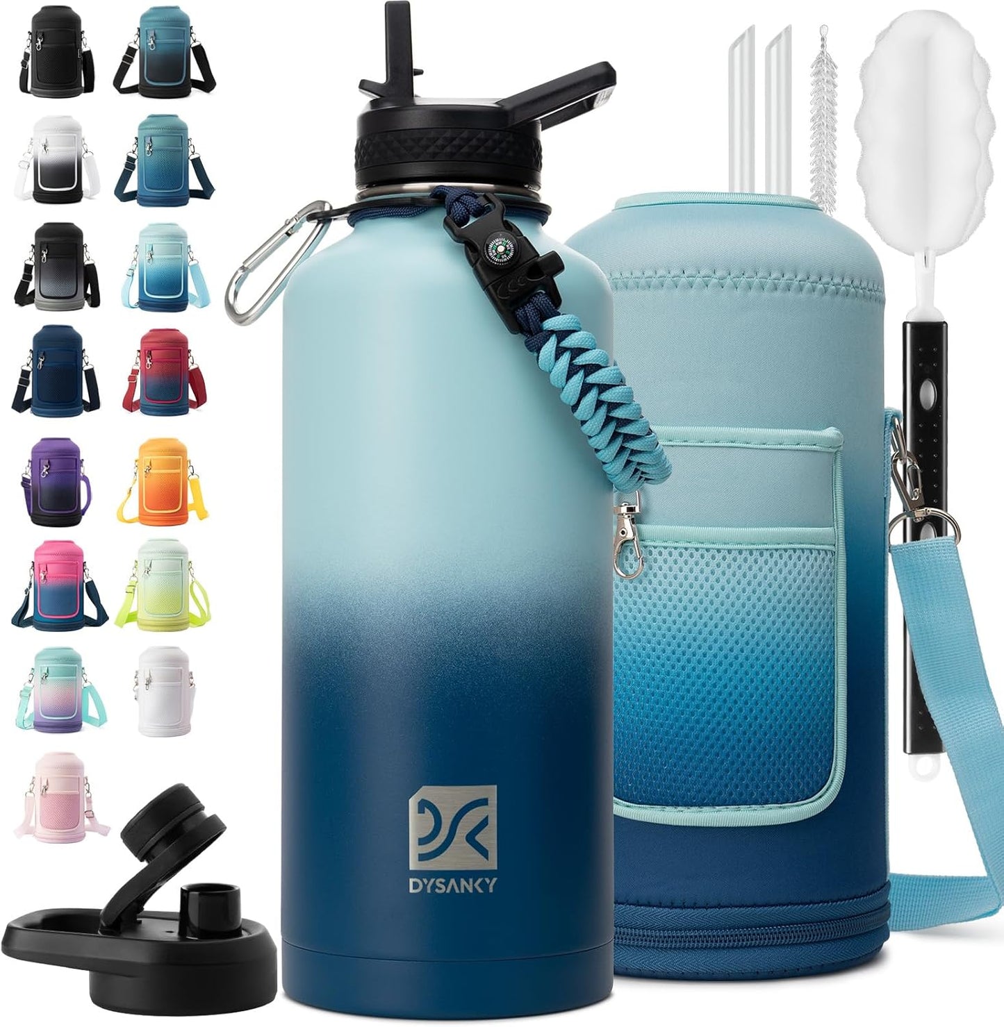 Insulated Water Bottle | Thickened Stainless Steel Vacuum Metal | Portable Sports Half Gallon Large Water Jug for Gym and Hiking with Straw, Carrier Bag, Handle Strap | BPA-Free 64 oz