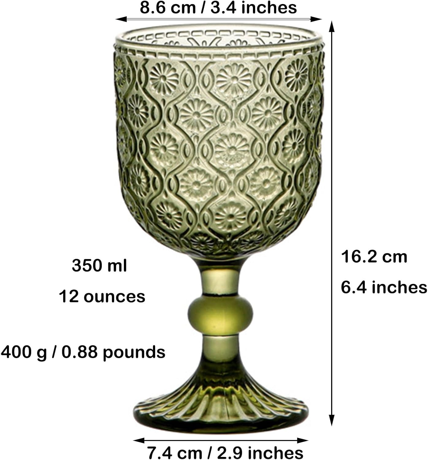 Green Glasses Drinking Wine Water Goblets Glassware set of 6 Vintage Stemware 12 Ounces for Wedding Party Bar Floral Pattern 350 ml