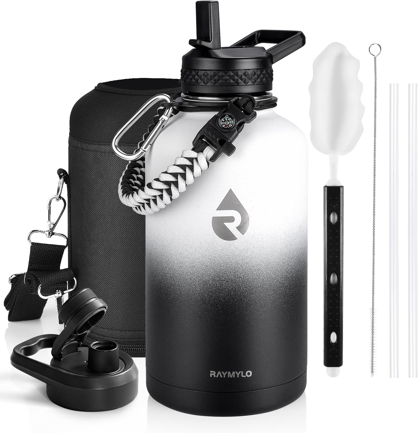 Insulated Water Bottle 40 oz, Triple Wall Vacuum Stainless Steel (Cold for 48 Hrs), Leak Proof & Non-BPA, Modern Water Flask Jug with Paracord Handle & Straw Spout Lids, Indigo/Black