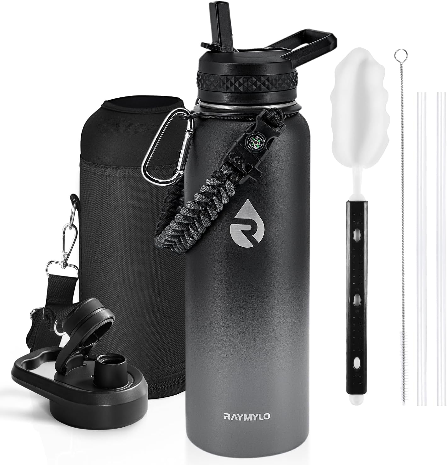 Insulated Water Bottle 40 oz, Triple Wall Vacuum Stainless Steel (Cold for 48 Hrs), Leak Proof & Non-BPA, Modern Water Flask Jug with Paracord Handle & Straw Spout Lids, Indigo/Black