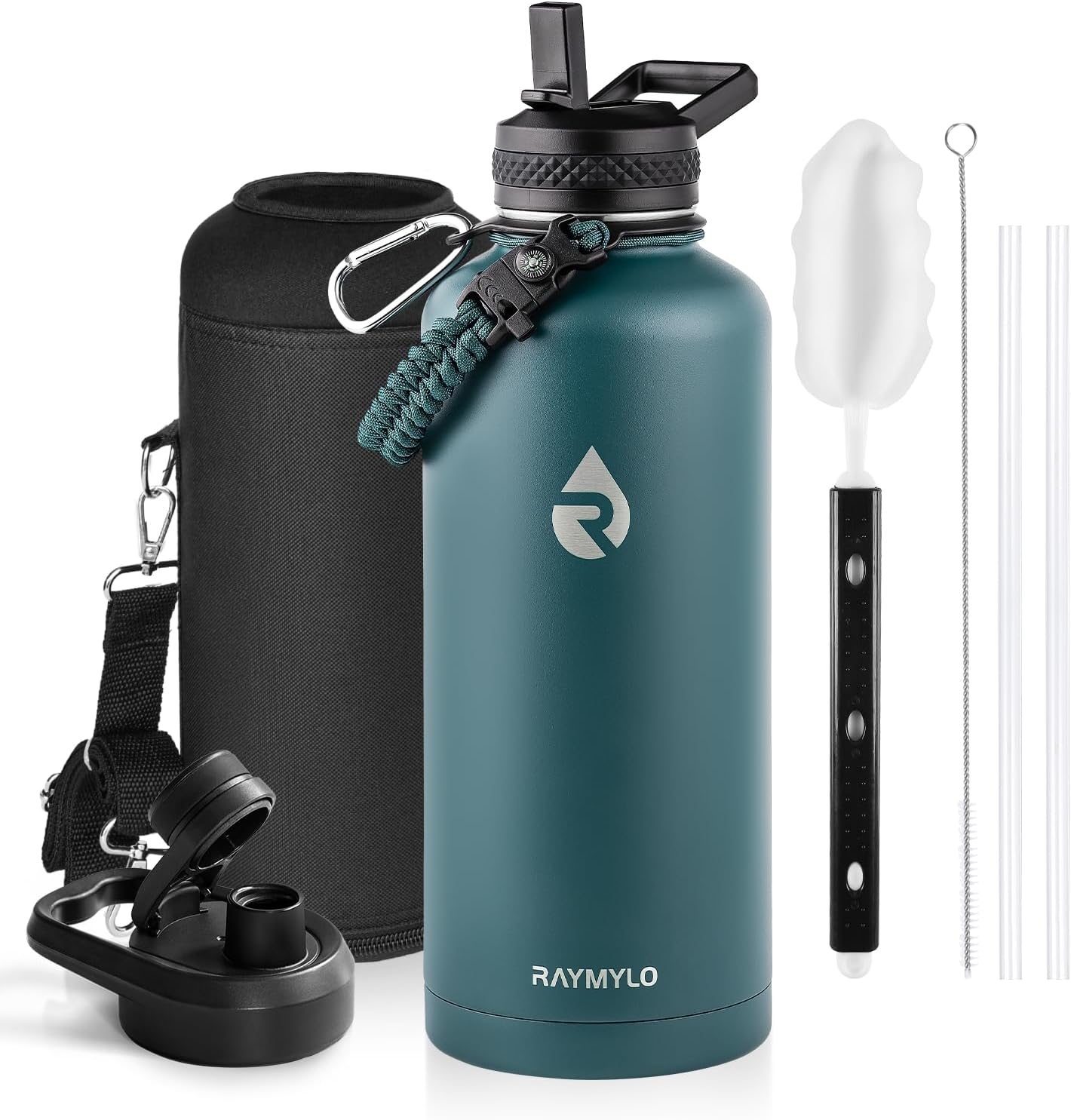Insulated Water Bottle 40 oz, Triple Wall Vacuum Stainless Steel (Cold for 48 Hrs), Leak Proof & Non-BPA, Modern Water Flask Jug with Paracord Handle & Straw Spout Lids, Indigo/Black