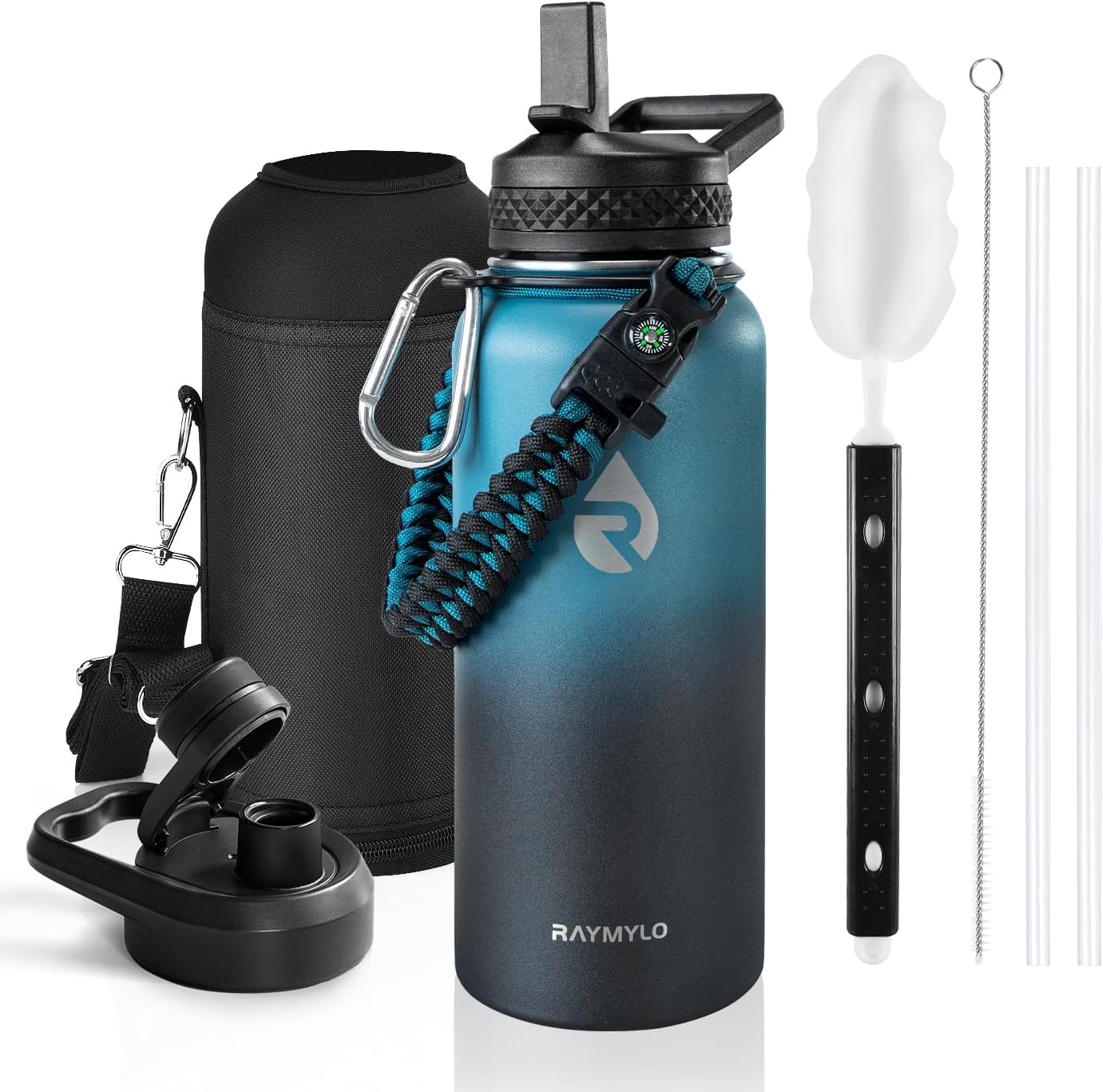Insulated Water Bottle 40 oz, Triple Wall Vacuum Stainless Steel (Cold for 48 Hrs), Leak Proof & Non-BPA, Modern Water Flask Jug with Paracord Handle & Straw Spout Lids, Indigo/Black