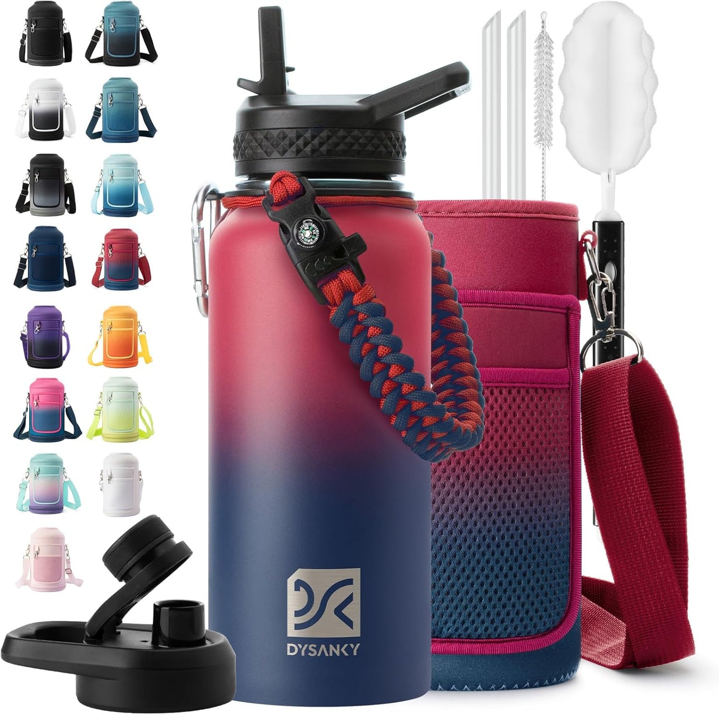 Insulated Water Bottle | Thickened Stainless Steel Vacuum Metal | Portable Sports Half Gallon Large Water Jug for Gym and Hiking with Straw, Carrier Bag, Handle Strap | BPA-Free 64 oz