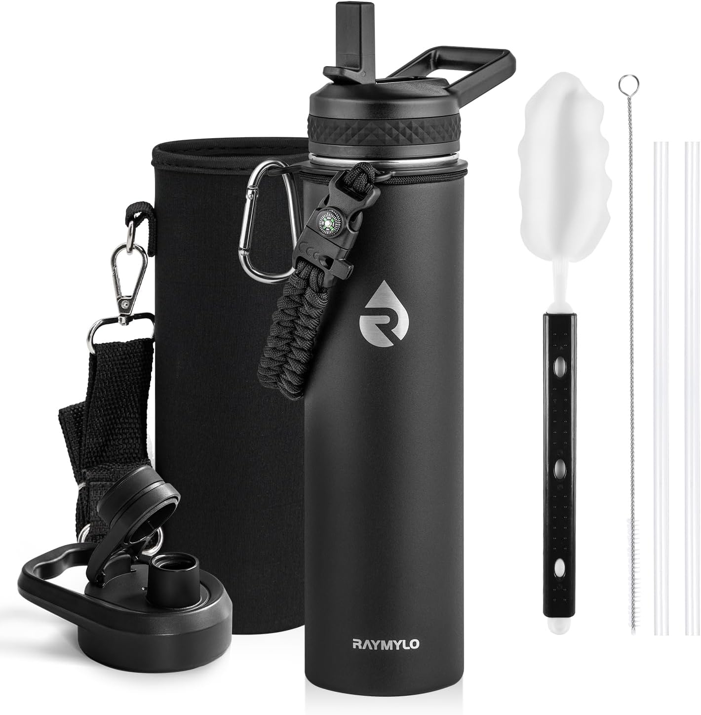 Insulated Water Bottle 40 oz, Triple Wall Vacuum Stainless Steel (Cold for 48 Hrs), Leak Proof & Non-BPA, Modern Water Flask Jug with Paracord Handle & Straw Spout Lids, Indigo/Black