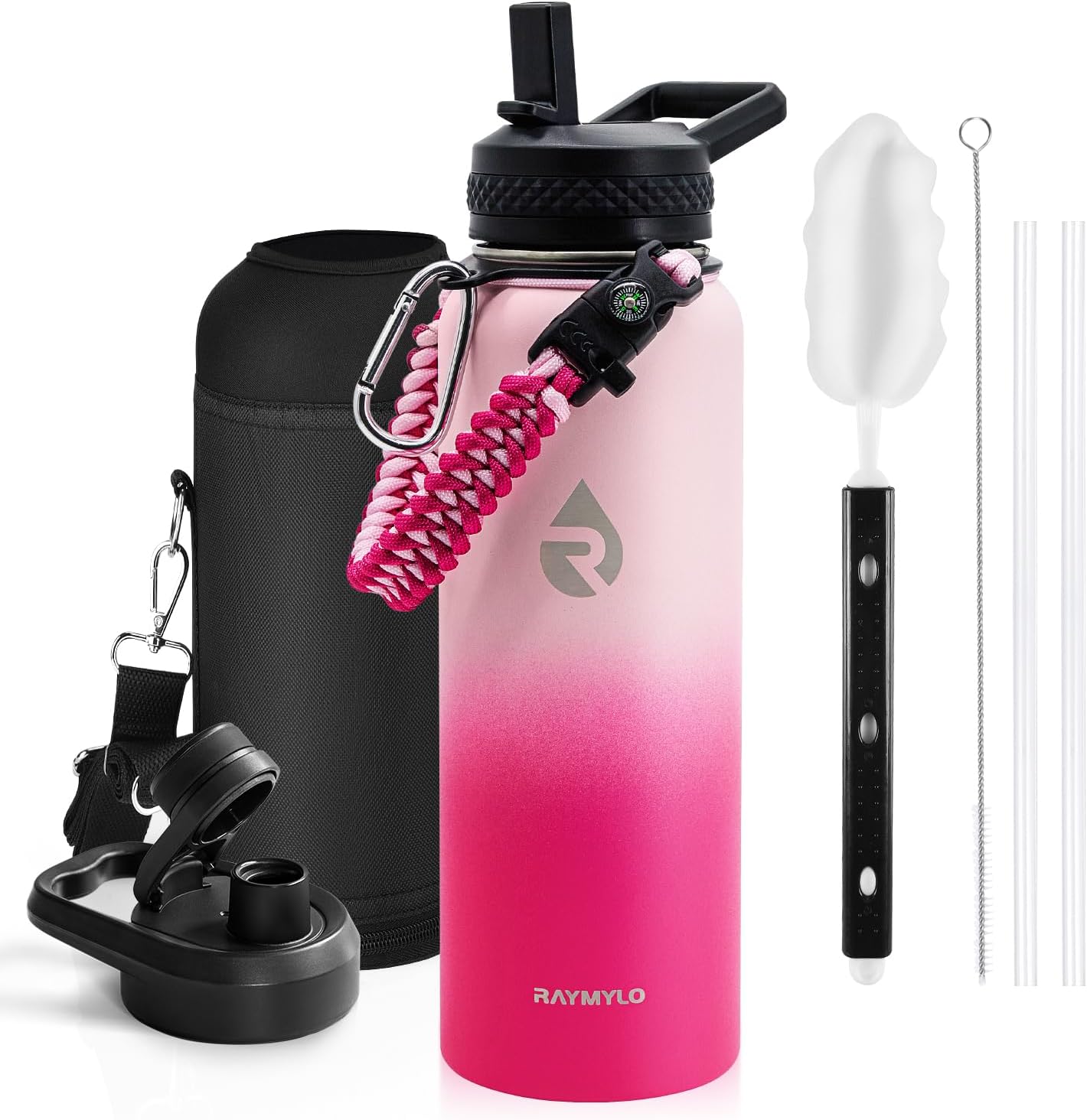 Insulated Water Bottle 40 oz, Triple Wall Vacuum Stainless Steel (Cold for 48 Hrs), Leak Proof & Non-BPA, Modern Water Flask Jug with Paracord Handle & Straw Spout Lids, Indigo/Black