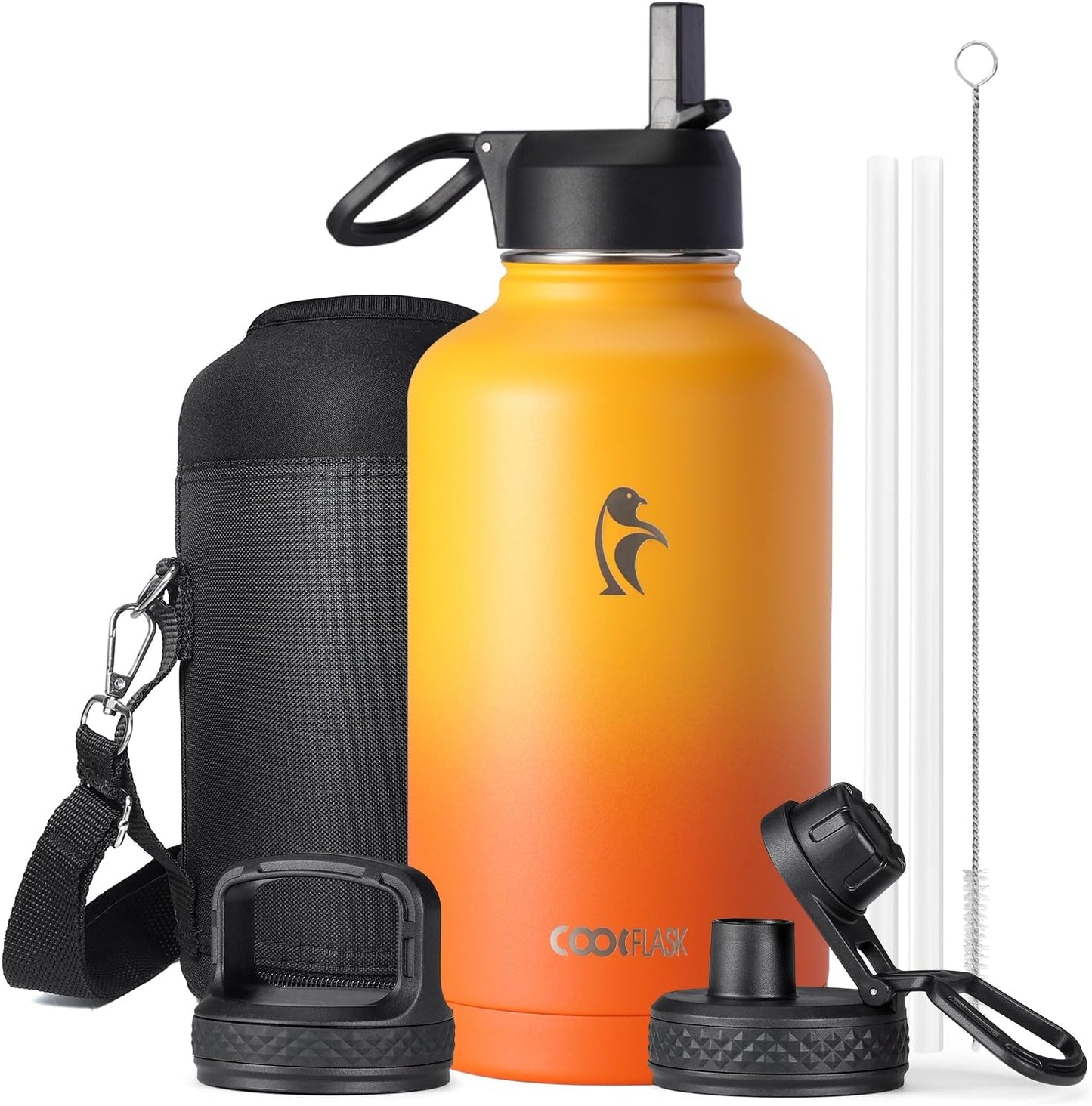 Half Gallon Water Bottle Insulated with Straw & 3 Lids, Coolflask 64 oz Water Jug Large Metal Stainless Steel Wide Mouth for Sports, Gym or Office, Non-BPA Keep Cold 48H Hot 24H, Samurai Cyan