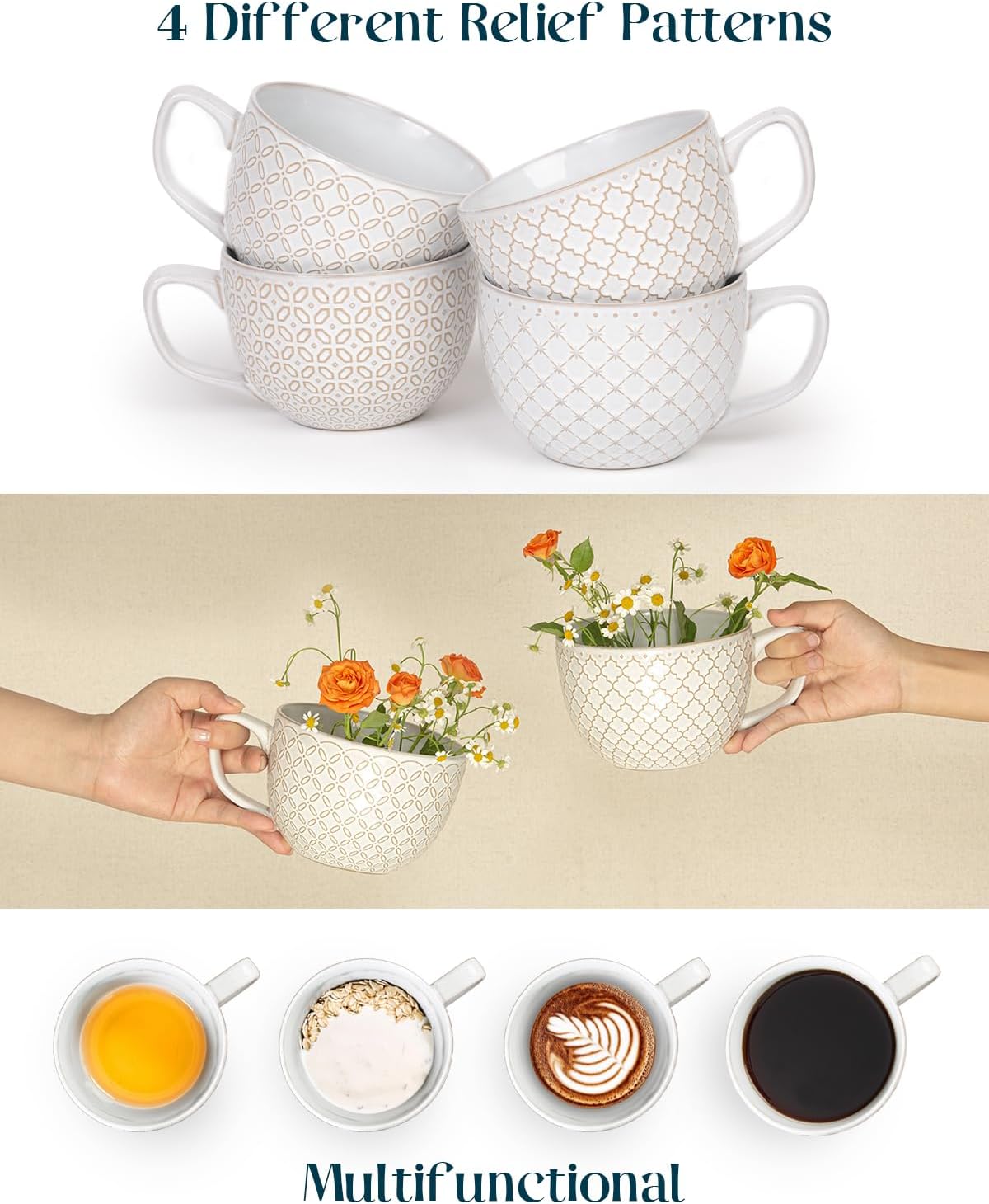 DOWAN 24oz Coffee Mug Set of 4, Large Soup Mugs, Vintage Embossed Mugs with Handle for Enjoying Coffee, Soup, Ramen, and Cereal at Home or in the Office