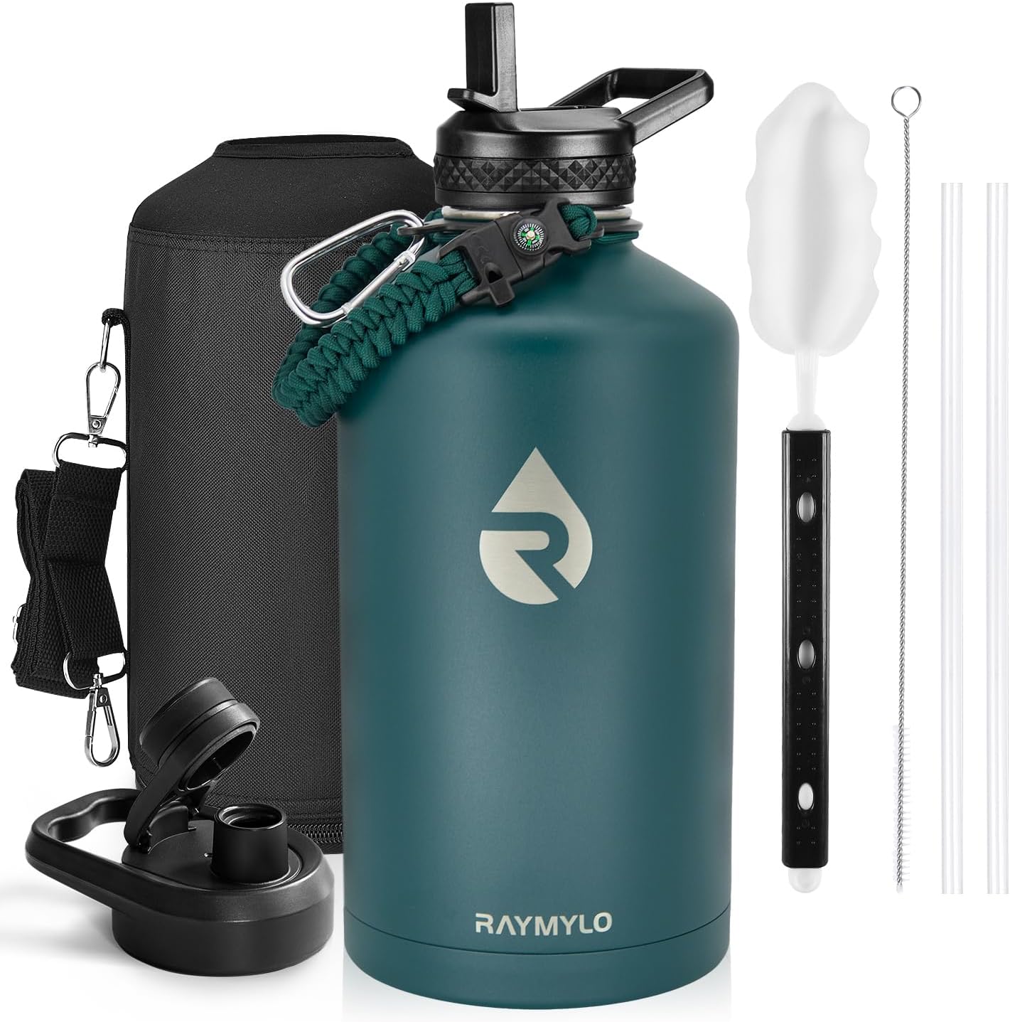 Insulated Water Bottle 40 oz, Triple Wall Vacuum Stainless Steel (Cold for 48 Hrs), Leak Proof & Non-BPA, Modern Water Flask Jug with Paracord Handle & Straw Spout Lids, Indigo/Black