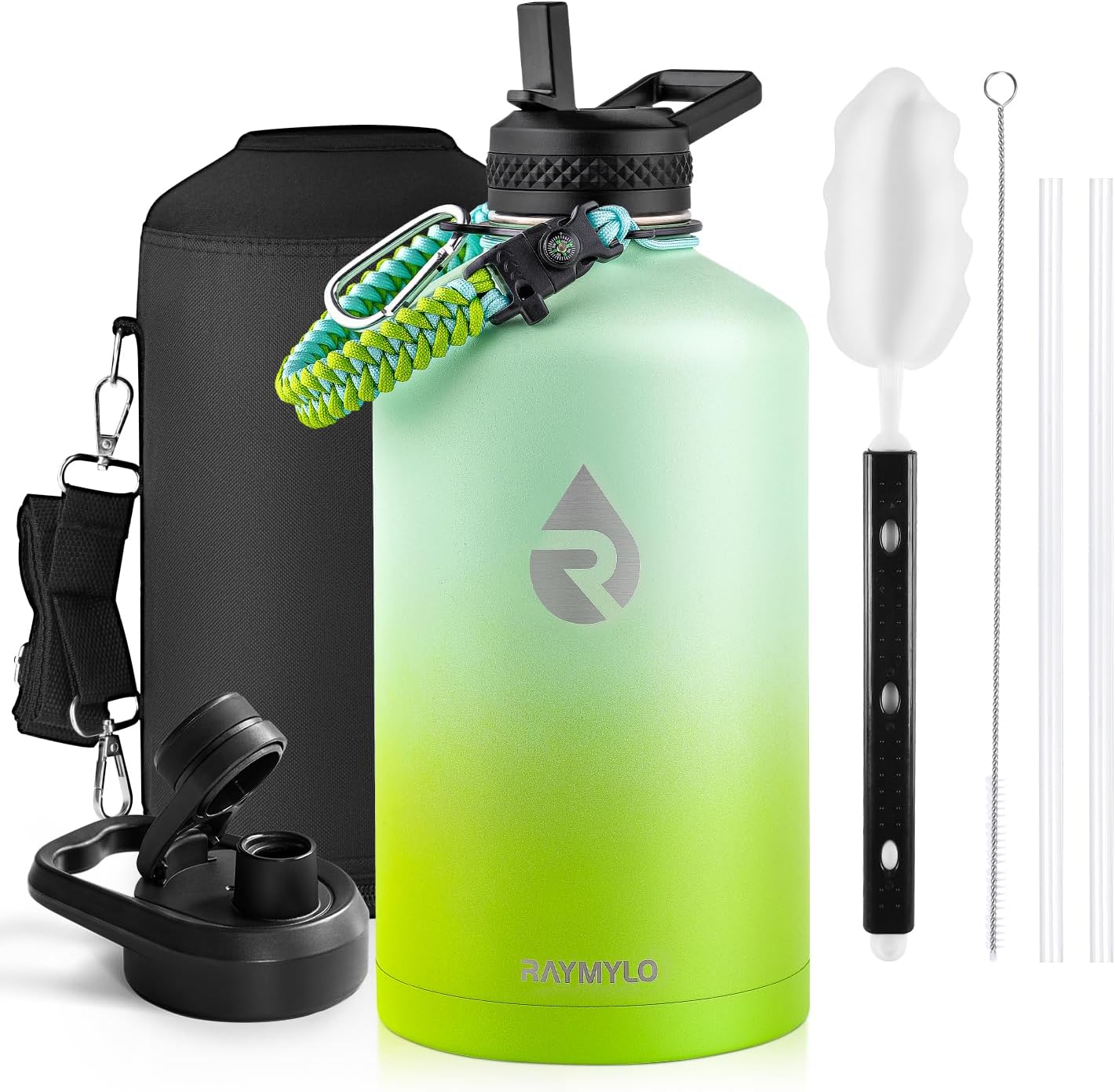 Insulated Water Bottle 40 oz, Triple Wall Vacuum Stainless Steel (Cold for 48 Hrs), Leak Proof & Non-BPA, Modern Water Flask Jug with Paracord Handle & Straw Spout Lids, Indigo/Black