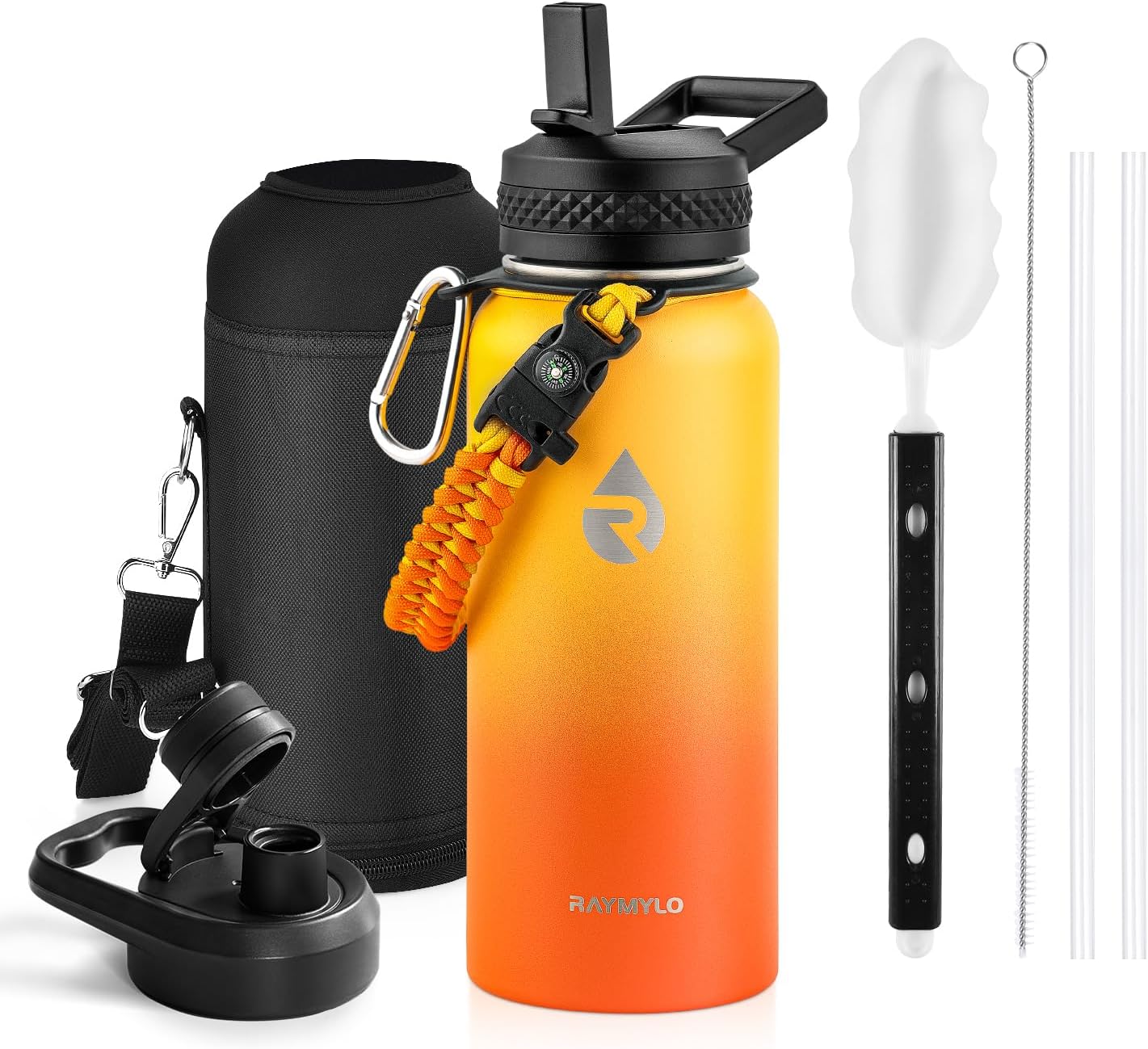 Insulated Water Bottle 40 oz, Triple Wall Vacuum Stainless Steel (Cold for 48 Hrs), Leak Proof & Non-BPA, Modern Water Flask Jug with Paracord Handle & Straw Spout Lids, Indigo/Black