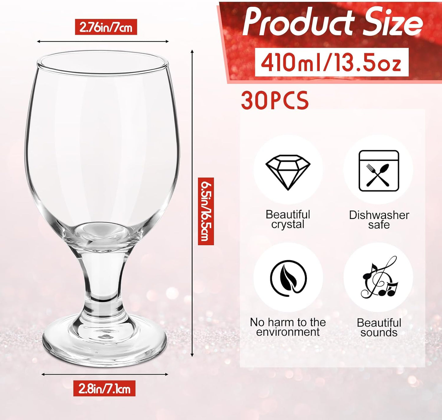 Patelai Set of 30 Clear Glasses 13.5 oz Water Goblet Glass Stemmed Water Glasses for Juice Wine Beer Tea Milk Cold Beverages Drinks Dishwasher Safe