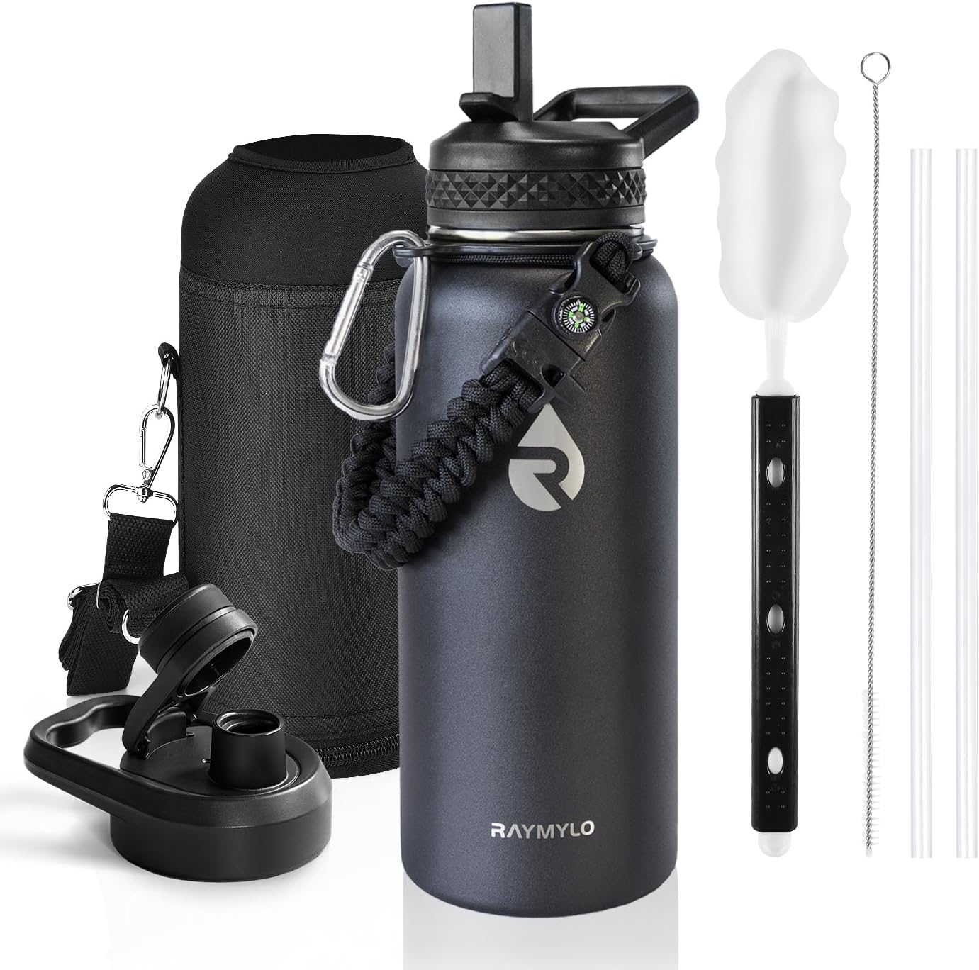Insulated Water Bottle 40 oz, Triple Wall Vacuum Stainless Steel (Cold for 48 Hrs), Leak Proof & Non-BPA, Modern Water Flask Jug with Paracord Handle & Straw Spout Lids, Indigo/Black