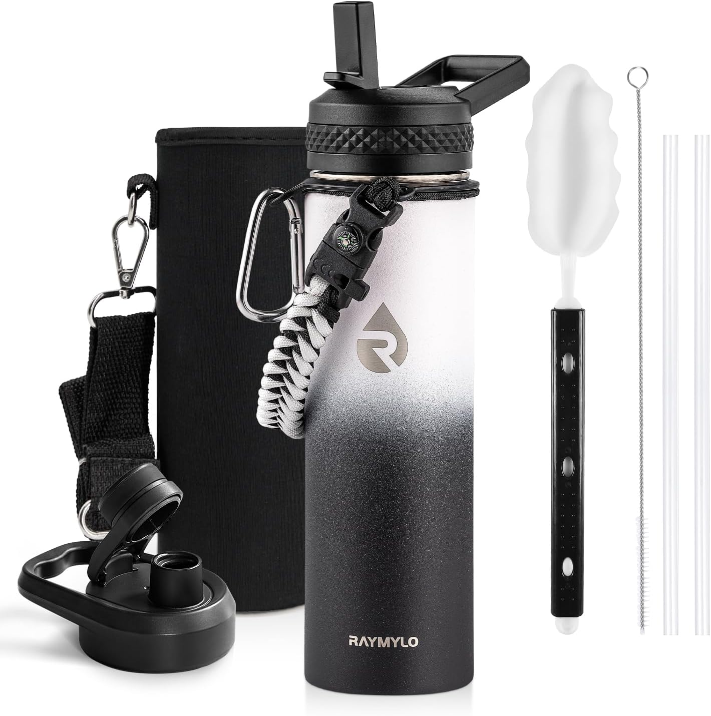 Insulated Water Bottle 40 oz, Triple Wall Vacuum Stainless Steel (Cold for 48 Hrs), Leak Proof & Non-BPA, Modern Water Flask Jug with Paracord Handle & Straw Spout Lids, Indigo/Black