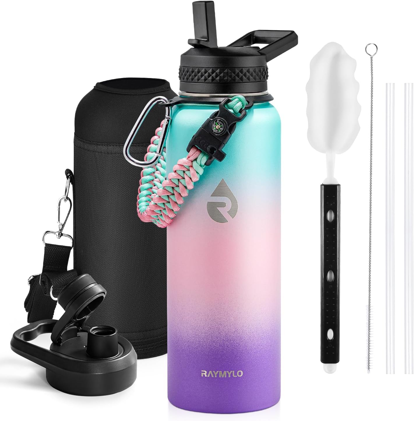 Insulated Water Bottle 40 oz, Triple Wall Vacuum Stainless Steel (Cold for 48 Hrs), Leak Proof & Non-BPA, Modern Water Flask Jug with Paracord Handle & Straw Spout Lids, Indigo/Black