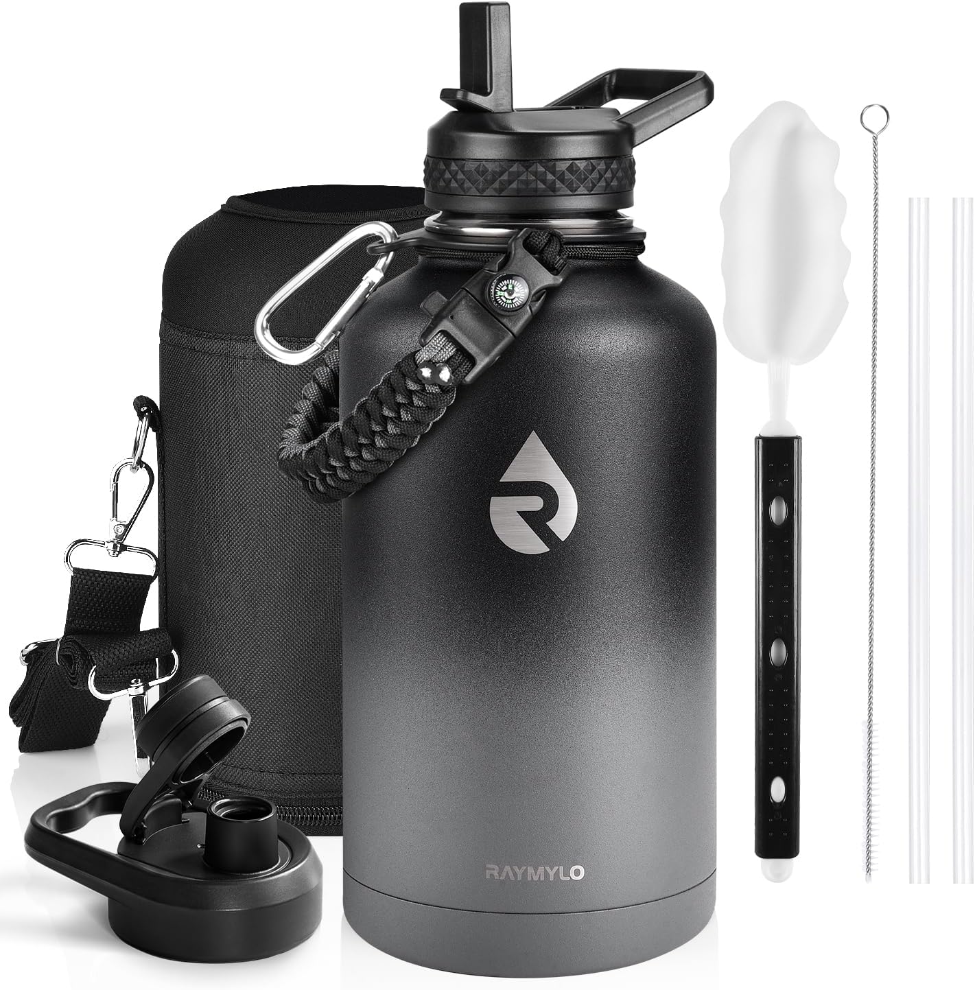 Insulated Water Bottle 40 oz, Triple Wall Vacuum Stainless Steel (Cold for 48 Hrs), Leak Proof & Non-BPA, Modern Water Flask Jug with Paracord Handle & Straw Spout Lids, Indigo/Black
