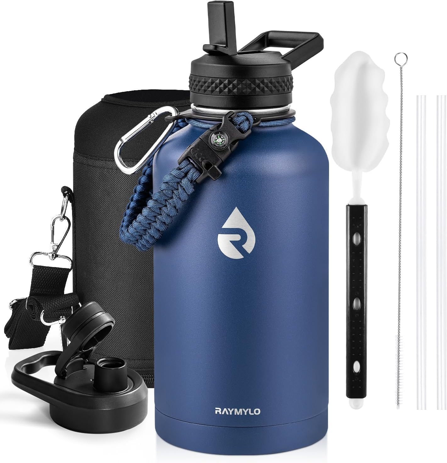 Insulated Water Bottle 40 oz, Triple Wall Vacuum Stainless Steel (Cold for 48 Hrs), Leak Proof & Non-BPA, Modern Water Flask Jug with Paracord Handle & Straw Spout Lids, Indigo/Black