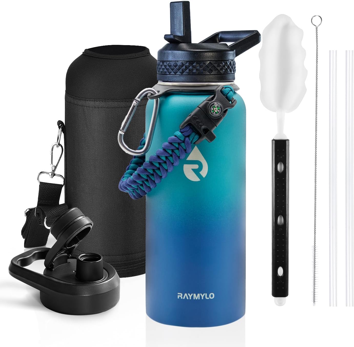 Insulated Water Bottle 40 oz, Triple Wall Vacuum Stainless Steel (Cold for 48 Hrs), Leak Proof & Non-BPA, Modern Water Flask Jug with Paracord Handle & Straw Spout Lids, Indigo/Black