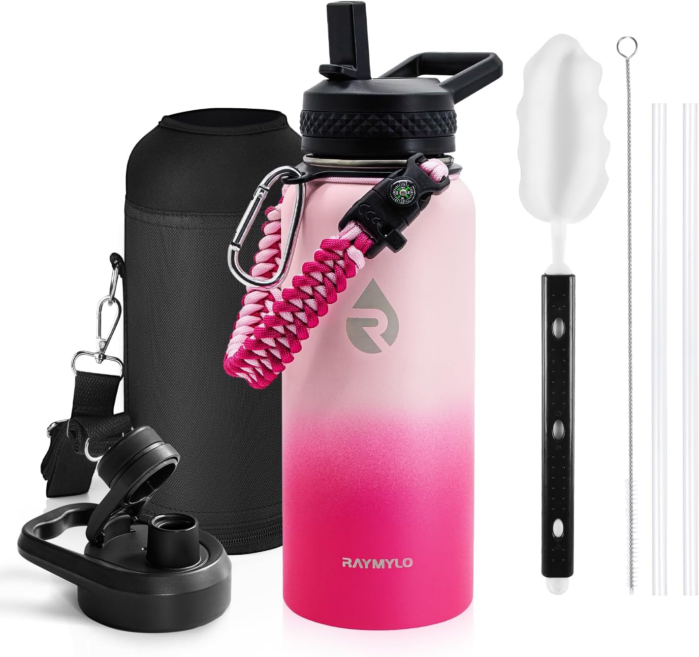 Insulated Water Bottle 40 oz, Triple Wall Vacuum Stainless Steel (Cold for 48 Hrs), Leak Proof & Non-BPA, Modern Water Flask Jug with Paracord Handle & Straw Spout Lids, Indigo/Black