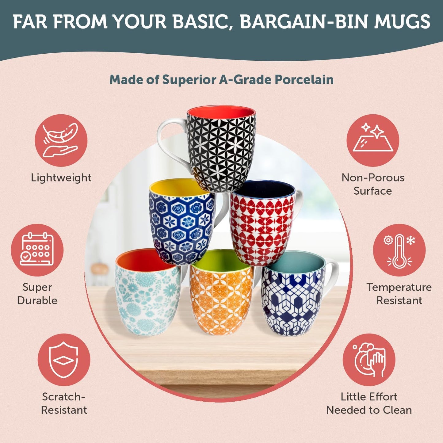 Annovero Large Coffee Mug Set of 6 - Porcelain Cups for Women or Men - Microwave & Dishwasher Safe, Chip Resistant, Zero Lead & Cadmium, for Tea, Cocoa, or Hot Chocolate, 16 Fluid Ounce Capacity