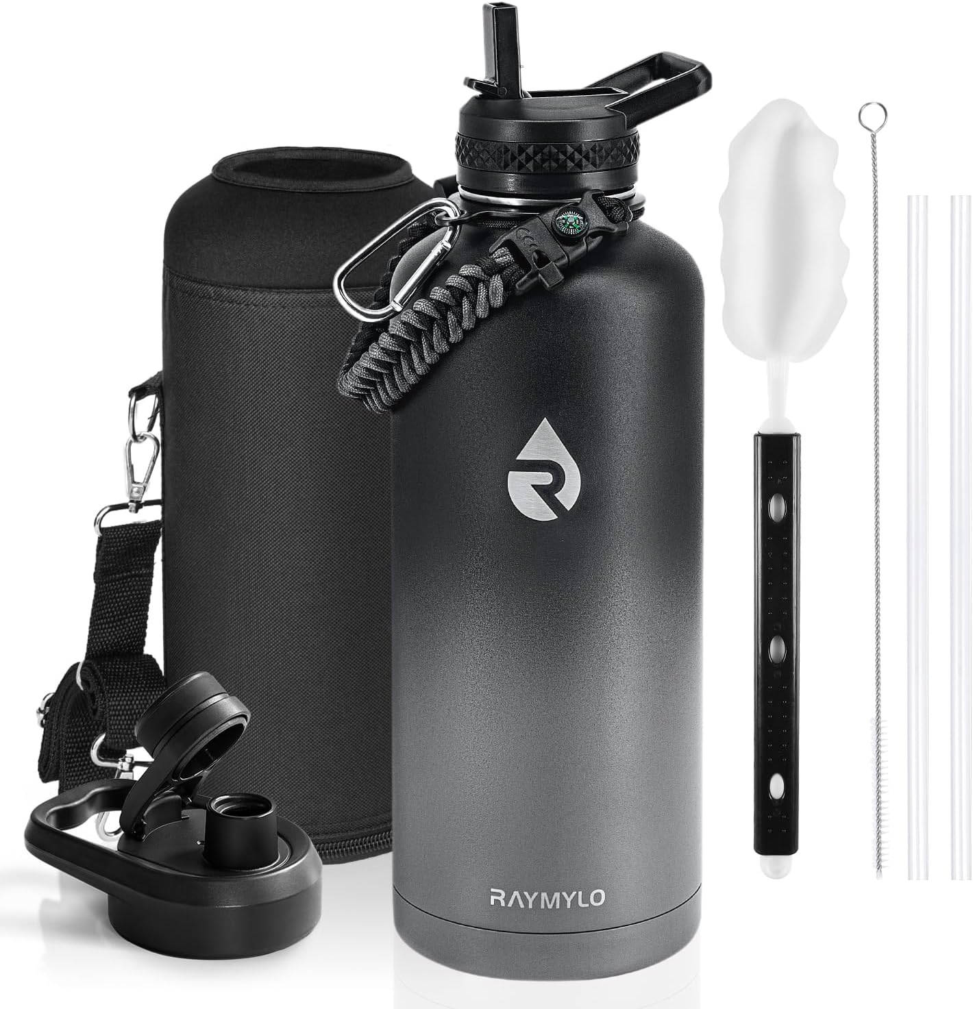Insulated Water Bottle 40 oz, Triple Wall Vacuum Stainless Steel (Cold for 48 Hrs), Leak Proof & Non-BPA, Modern Water Flask Jug with Paracord Handle & Straw Spout Lids, Indigo/Black