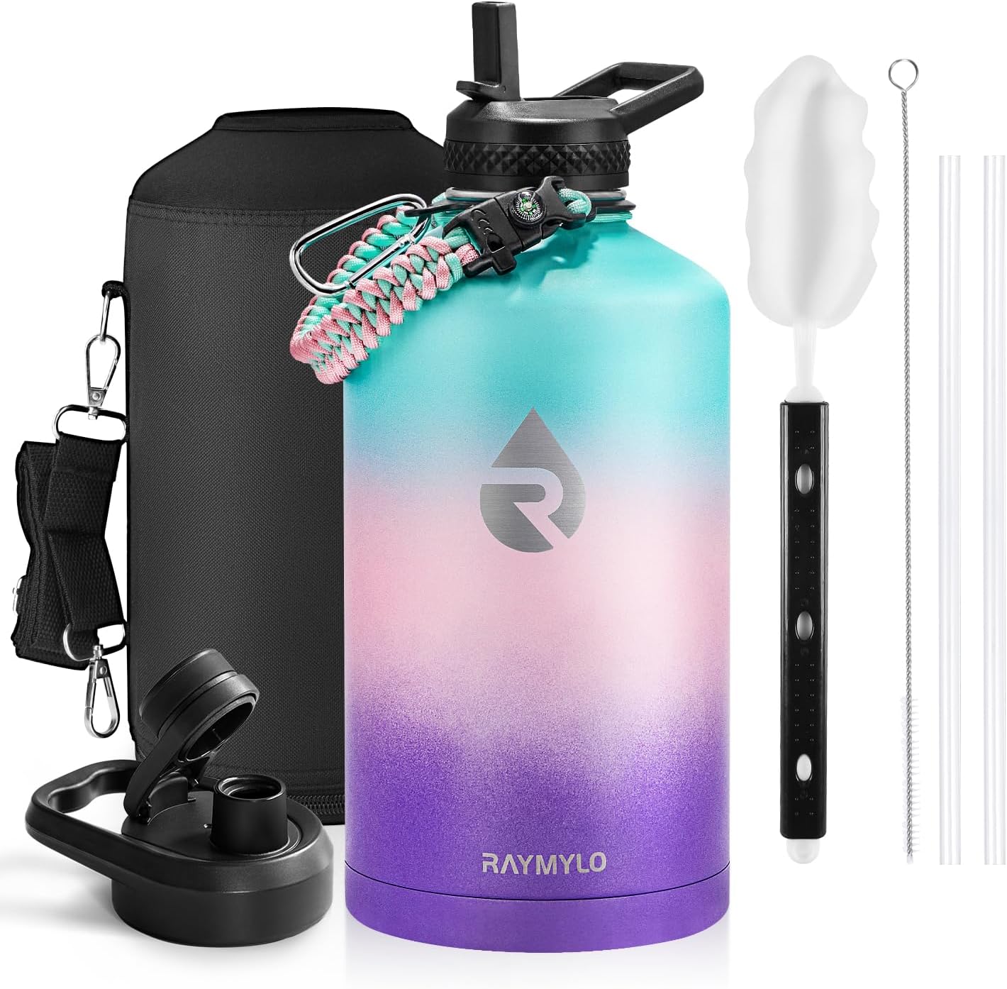 Insulated Water Bottle 40 oz, Triple Wall Vacuum Stainless Steel (Cold for 48 Hrs), Leak Proof & Non-BPA, Modern Water Flask Jug with Paracord Handle & Straw Spout Lids, Indigo/Black