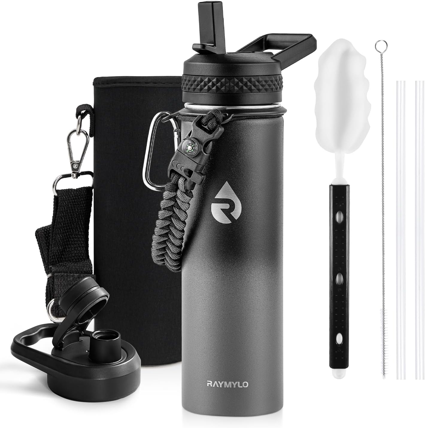 Insulated Water Bottle 40 oz, Triple Wall Vacuum Stainless Steel (Cold for 48 Hrs), Leak Proof & Non-BPA, Modern Water Flask Jug with Paracord Handle & Straw Spout Lids, Indigo/Black