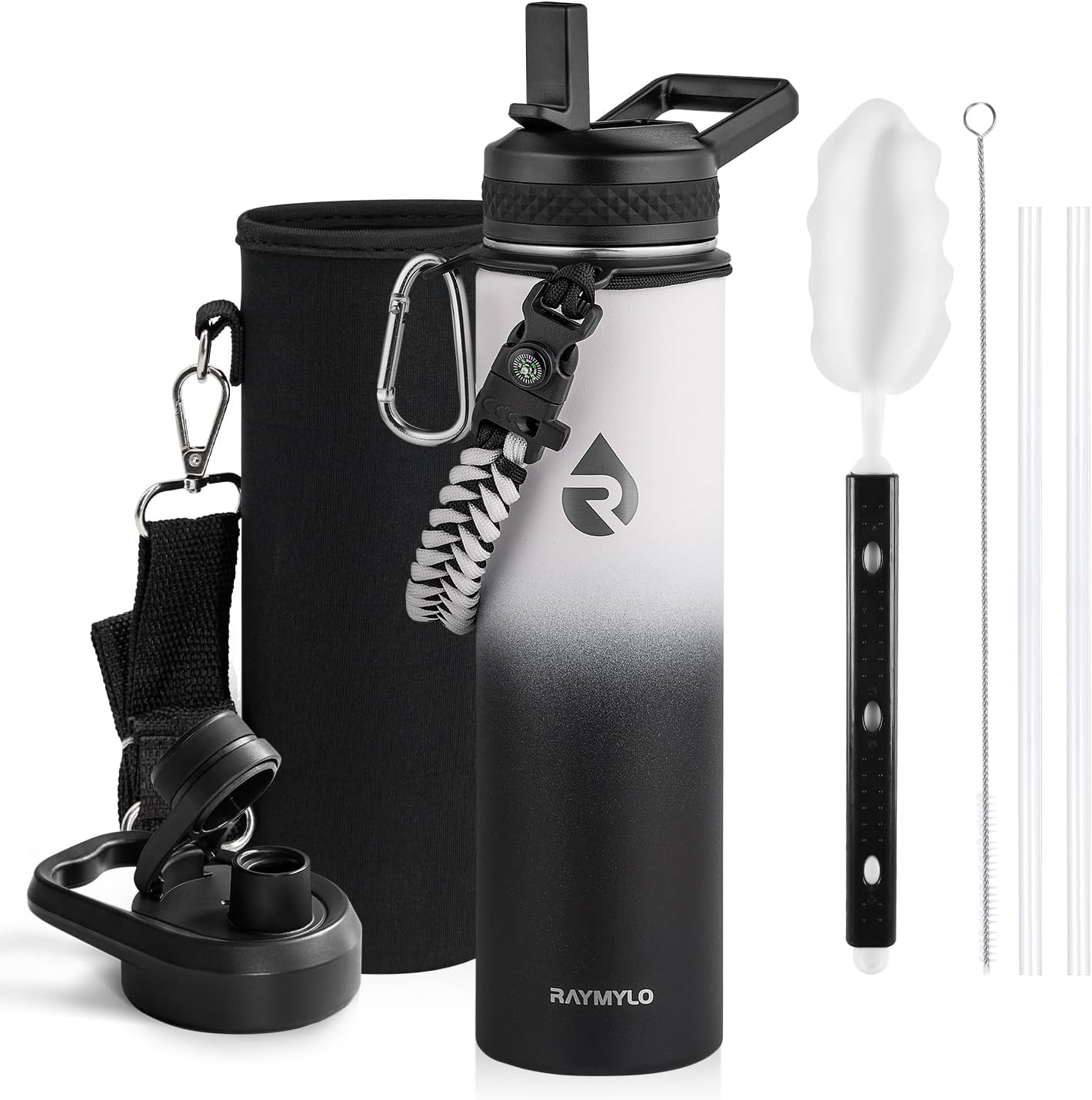 Insulated Water Bottle 40 oz, Triple Wall Vacuum Stainless Steel (Cold for 48 Hrs), Leak Proof & Non-BPA, Modern Water Flask Jug with Paracord Handle & Straw Spout Lids, Indigo/Black