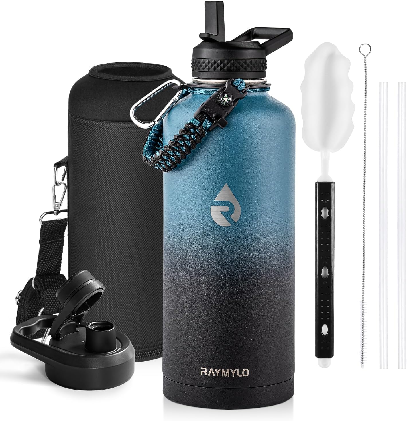 Insulated Water Bottle 40 oz, Triple Wall Vacuum Stainless Steel (Cold for 48 Hrs), Leak Proof & Non-BPA, Modern Water Flask Jug with Paracord Handle & Straw Spout Lids, Indigo/Black