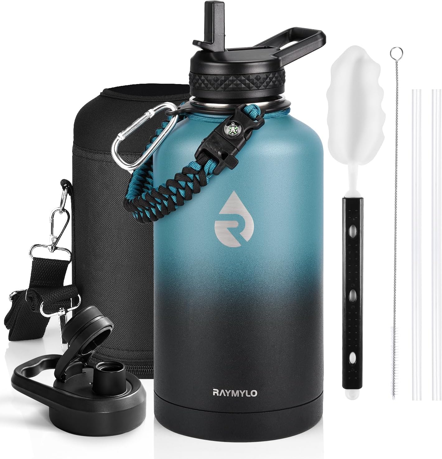 Insulated Water Bottle 40 oz, Triple Wall Vacuum Stainless Steel (Cold for 48 Hrs), Leak Proof & Non-BPA, Modern Water Flask Jug with Paracord Handle & Straw Spout Lids, Indigo/Black