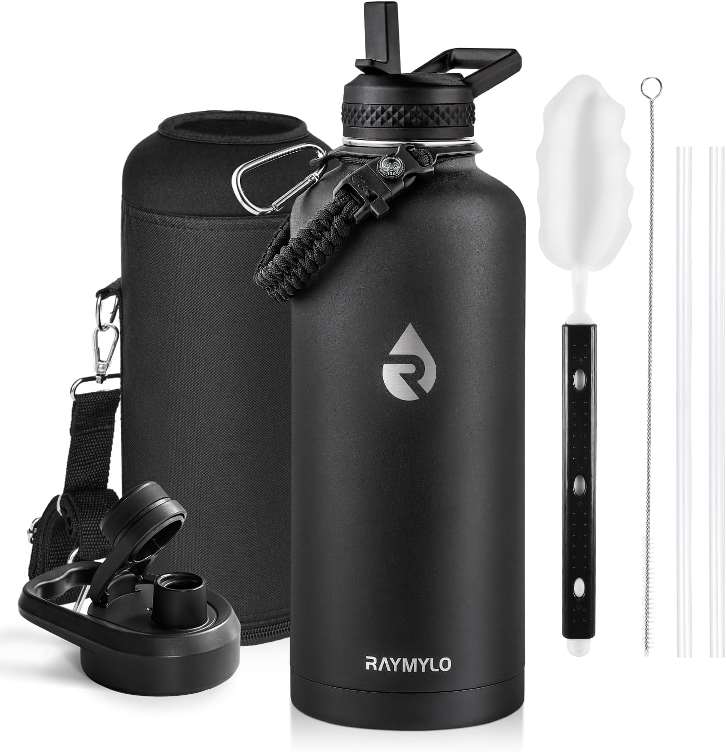 Insulated Water Bottle 40 oz, Triple Wall Vacuum Stainless Steel (Cold for 48 Hrs), Leak Proof & Non-BPA, Modern Water Flask Jug with Paracord Handle & Straw Spout Lids, Indigo/Black