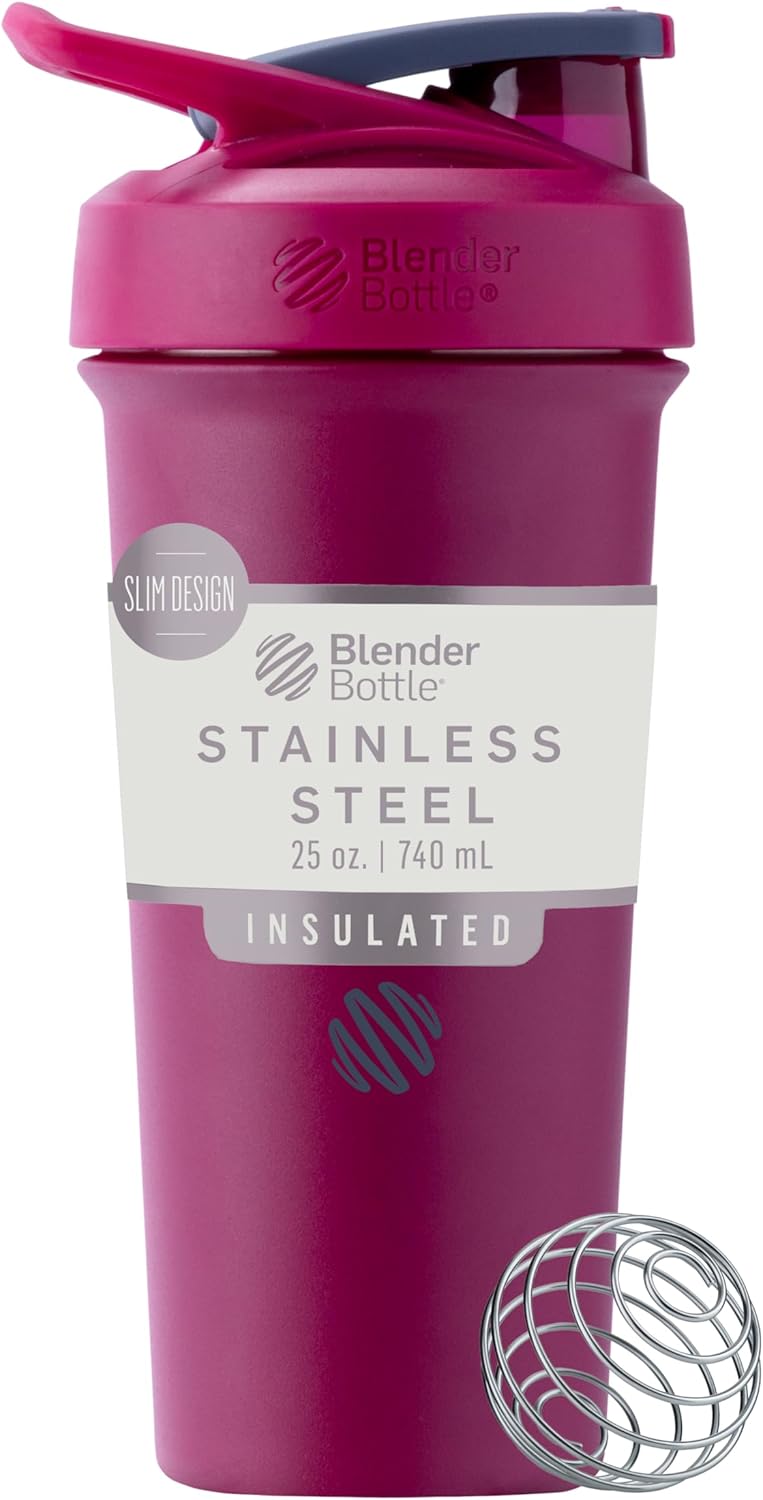 BlenderBottle Strada Shaker Cup Insulated Stainless Steel Water Bottle with Wire Whisk, 24-Ounce, Black